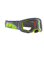 Alpinestars Supertech Stream Goggles, Motocross-Brille, grauer und neongelber Rahmen mit klarer Scheibe, breites graues Band mit großem neongelbem Logo, entwickelt für Performance im Offroad- und Motocross-Rennsport