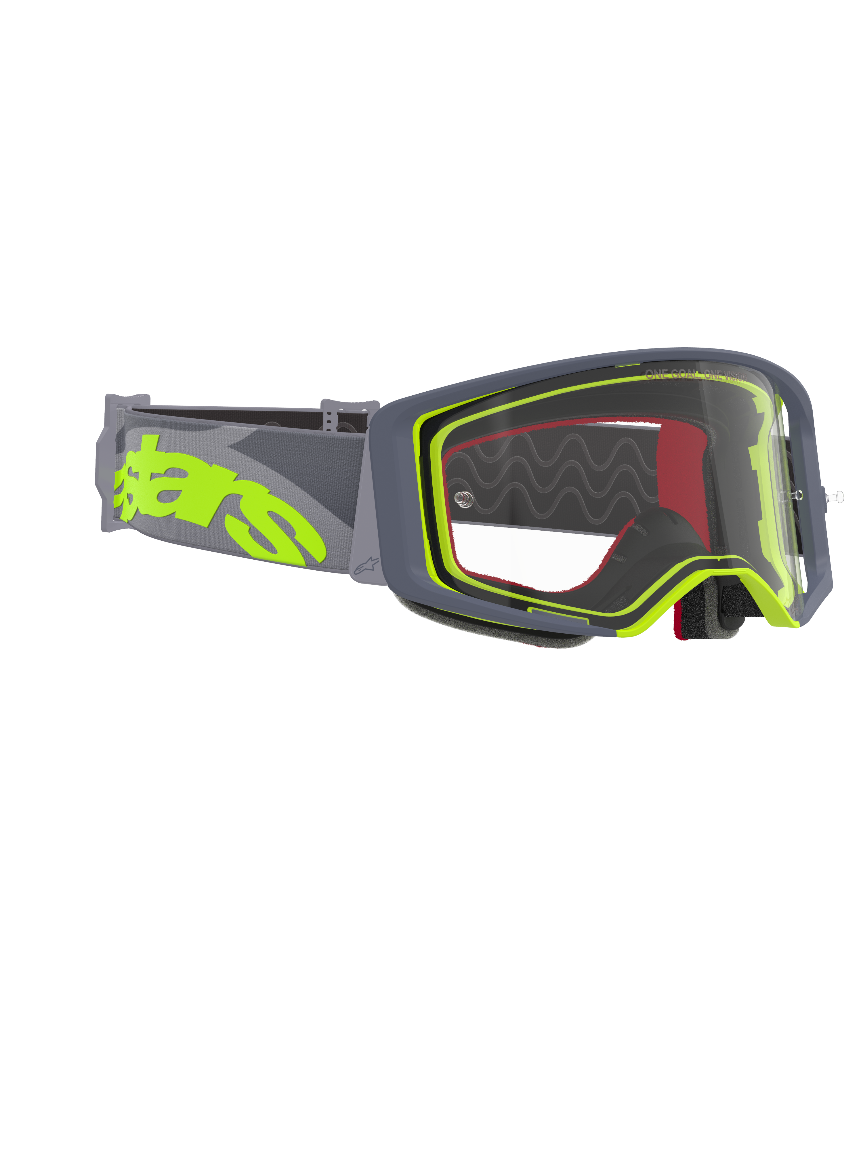Alpinestars Supertech Stream Goggles, Motocross-Brille, grauer und neongelber Rahmen mit klarer Scheibe, breites graues Band mit großem neongelbem Logo, entwickelt für Performance im Offroad- und Motocross-Rennsport