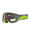 Alpinestars Supertech Stream Goggles, Motocross-Brille, Grau und Neongelb, klare Sichtscheibe mit grauem Rahmen, roter Innenschaum, breites graues Band mit auffälligem neongelbem Astars-Branding, professionelle Offroad-Rennbrille