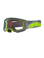 Alpinestars Supertech Stream Goggles, Motocross-Brille, Grau und Neongelb, klare Sichtscheibe mit grauem Rahmen, roter Innenschaum, breites graues Band mit auffälligem neongelbem Astars-Branding, professionelle Offroad-Rennbrille