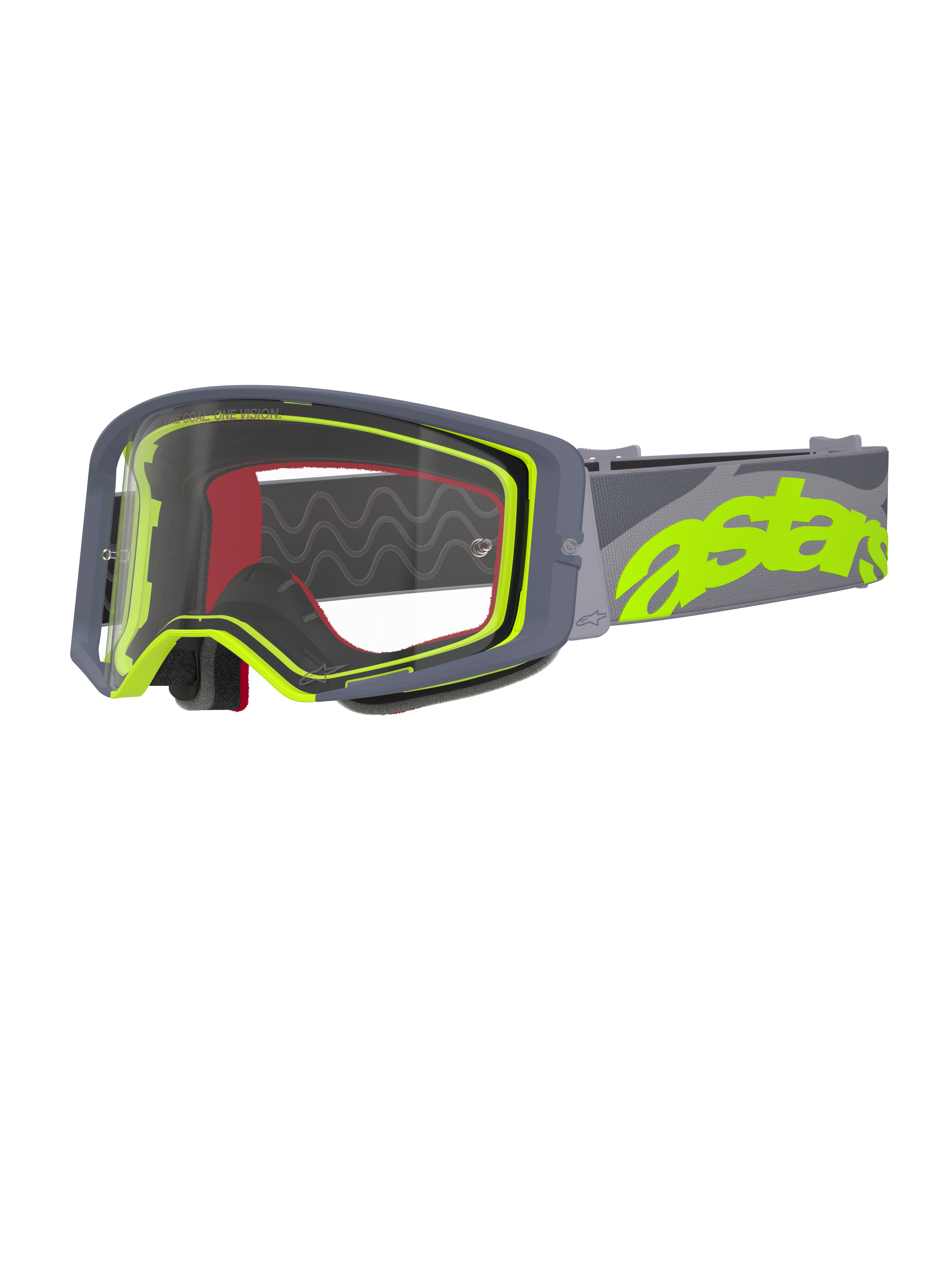 Alpinestars Supertech Stream Goggles, Motocross-Brille, Grau und Neongelb, klare Sichtscheibe mit grauem Rahmen, roter Innenschaum, breites graues Band mit auffälligem neongelbem Astars-Branding, professionelle Offroad-Rennbrille