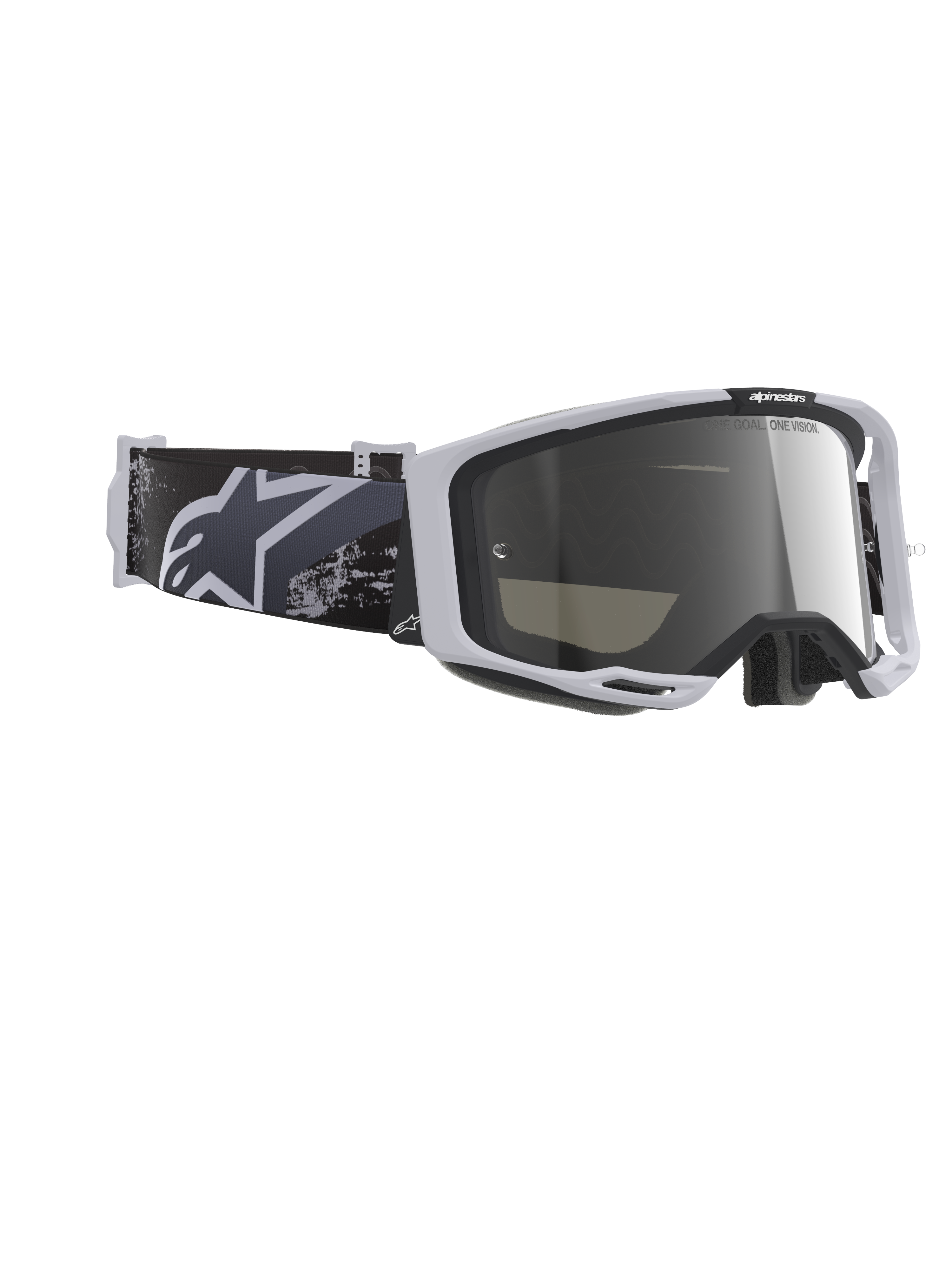 Alpinestars Vision 8 Lahnd Goggles, Motocross Goggles, Iron Camo Mirror Silver, light grey frame with mirror silver lens, black and grey camouflage strap with white Alpinestars logo, high-performance off-road eye protection