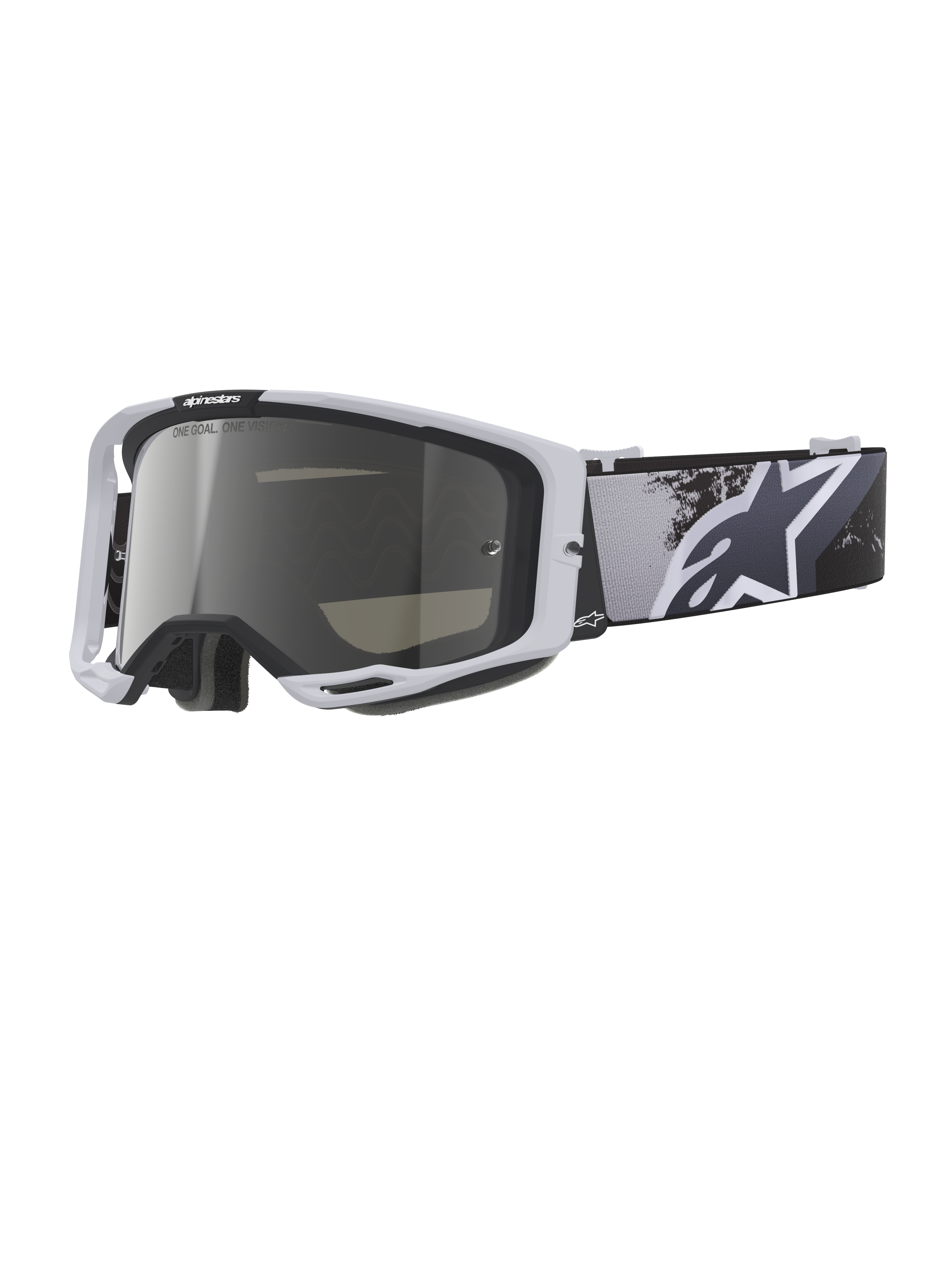 Alpinestars Vision 8 Lahnd Schutzbrille, Motocross-Brille, Iron Camo Mirror Silver, weißer Rahmen mit silber verspiegelter Linse, graustufiges Camouflage-Brillenband mit großem weißen Stern-Logo, Hochleistungs-Augenschutz für den Offroad-Rennsport
