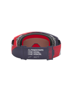 Alpinestars Supertech Hiten Motocross-Schutzbrille in Schwarz und Rot, Rückansicht mit 'One Goal One Vision' Brillenband.