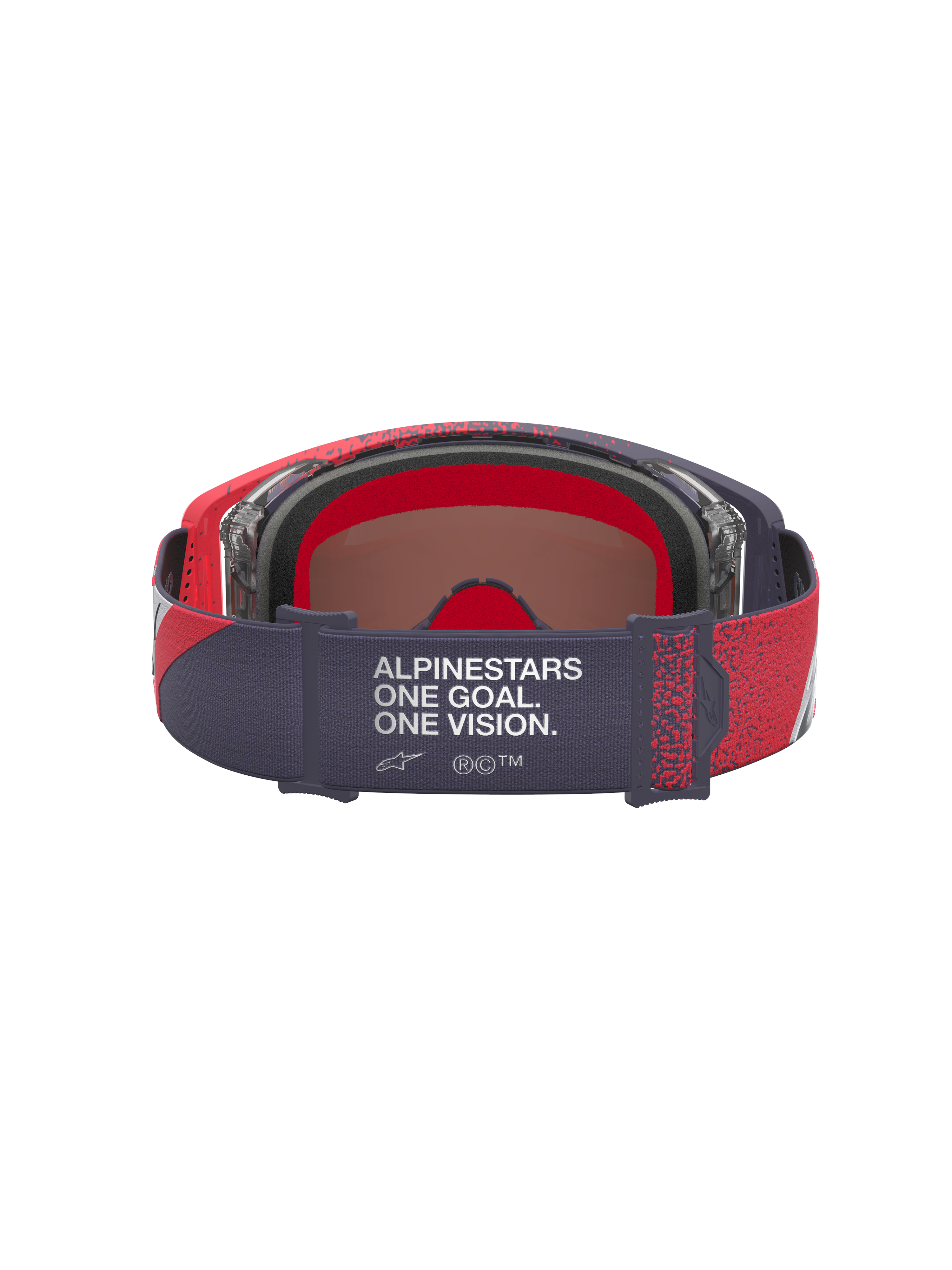 Alpinestars Supertech Hiten Motocross-Schutzbrille in Schwarz und Rot, Rückansicht mit 'One Goal One Vision' Brillenband.