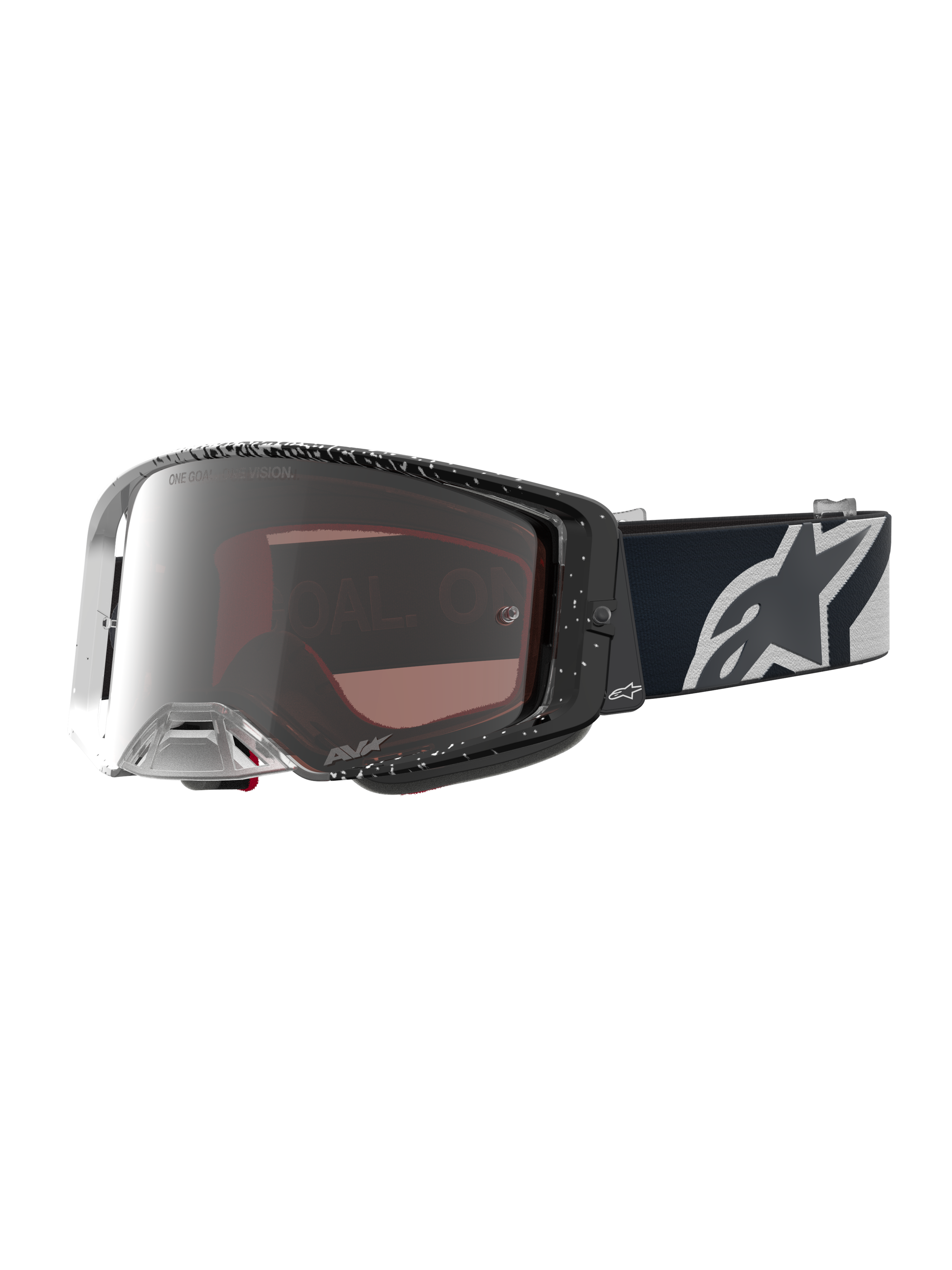 Alpinestars Supertech Hiten Schutzbrille, Motocross, Schwarz und Weiß, silber verspiegelte Scheibe, weites peripheres Sichtfeld.