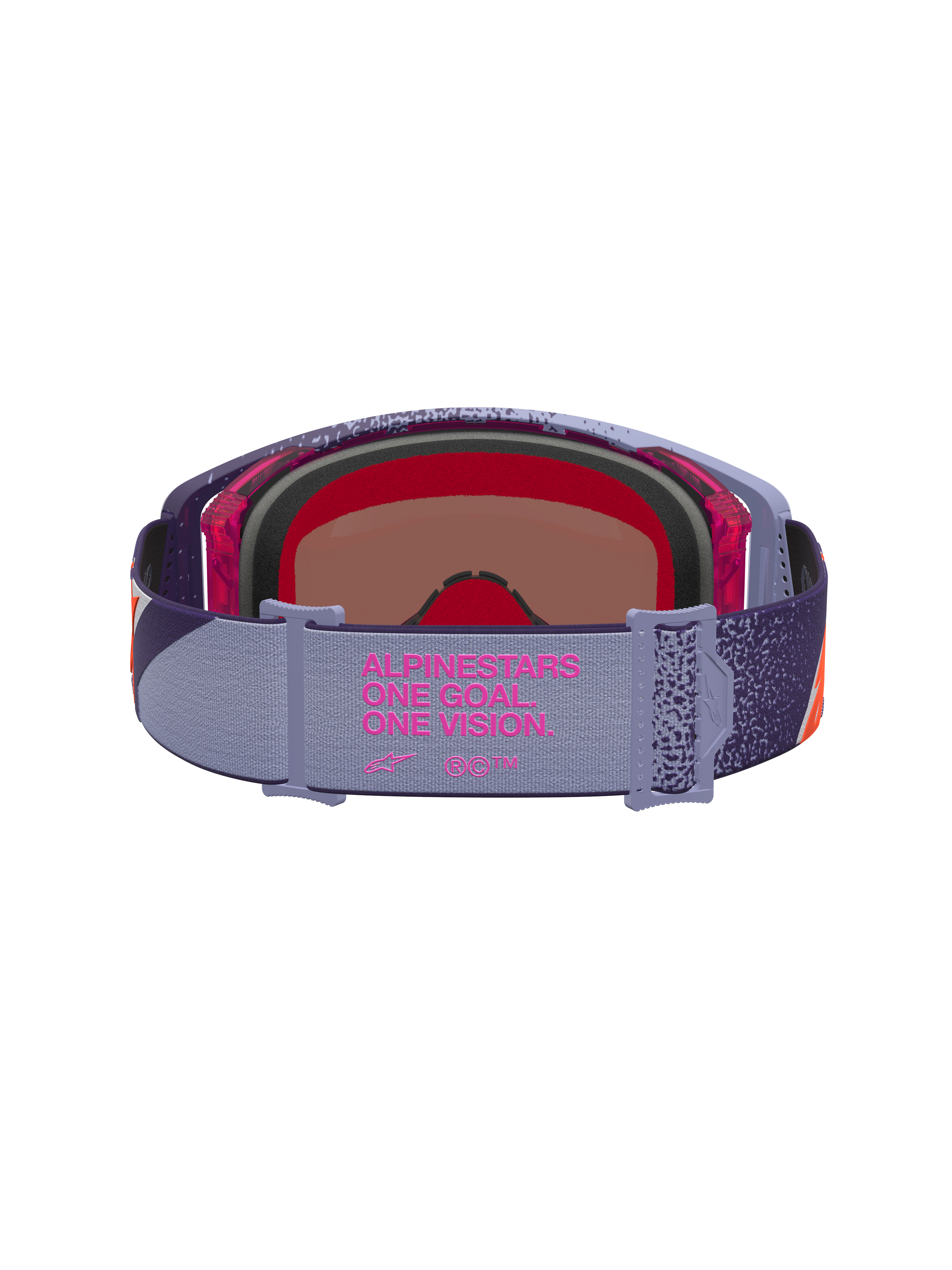 Alpinestars Supertech Hiten Schutzbrille, Motocross-Schutzbrille, Lila und Rot, Rückansicht mit elastischem Gurtband, pink verspiegelte Scheibe, 'One Goal. One Vision.' Slogan auf dem Band.