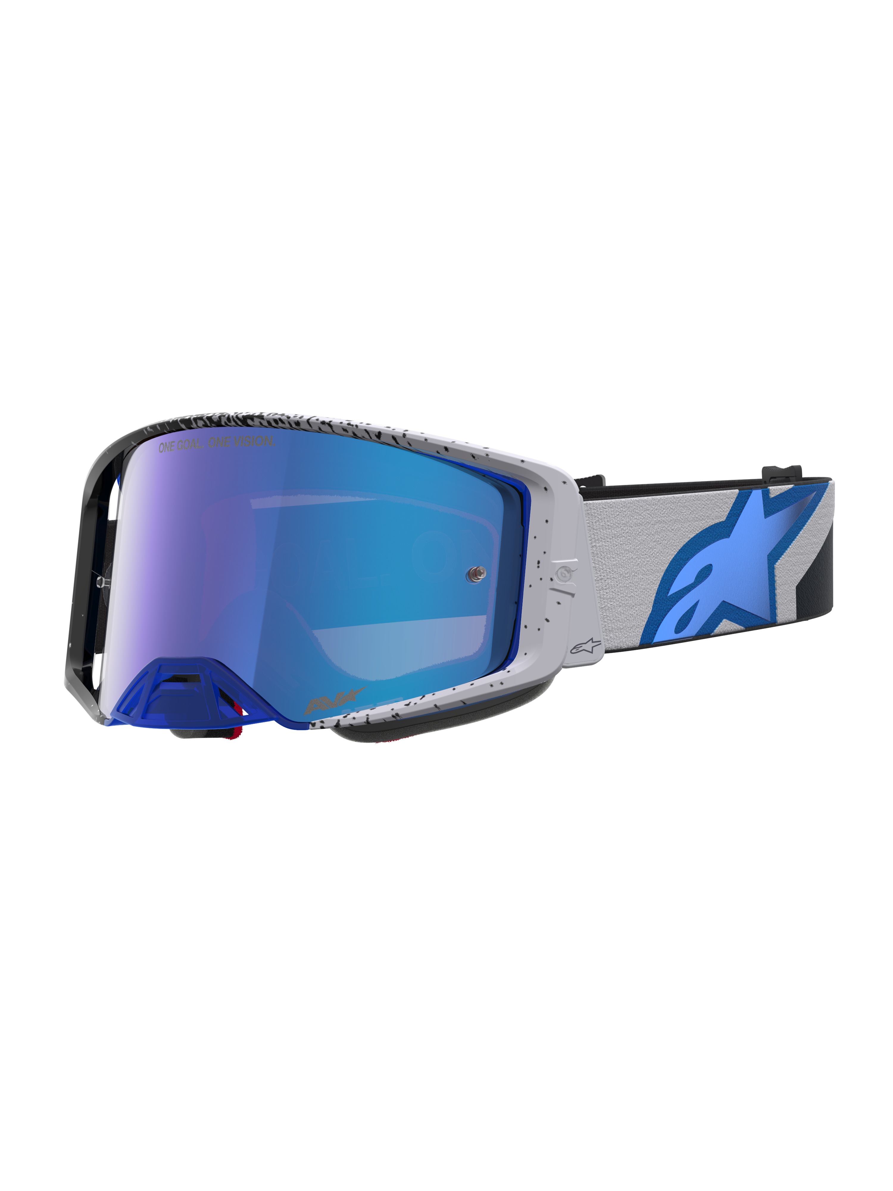 Alpinestars Supertech Schutzbrille Hiten, Motocross-Schutzbrille in Hellgrau und Blau mit blau verspiegelter Scheibe.