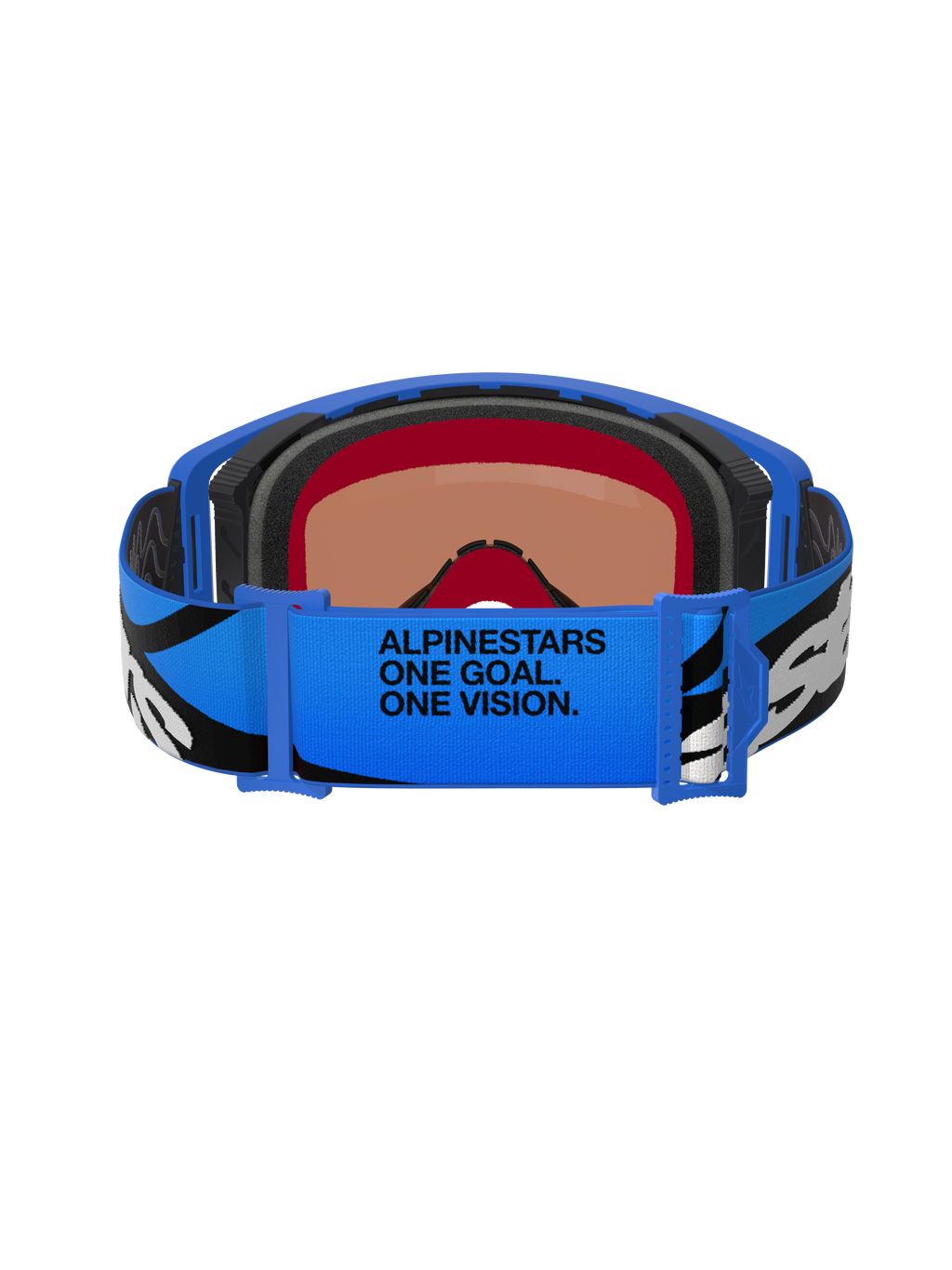 Alpinestars Supertech Stream Goggles, Motocross-Brille, Blau Mirror Blau, Rückansicht mit blauem verstellbarem Band, schwarz-weißen Grafiken und „ALPINESTARS ONE GOAL. ONE VISION.“ Text, mehrlagiger Gesichtsschaum für Komfort und Abdichtung