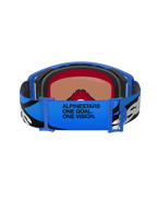 Alpinestars Supertech Stream Goggles, Motocross-Brille, Blau Mirror Blau, Rückansicht mit blauem verstellbarem Band, schwarz-weißen Grafiken und „ALPINESTARS ONE GOAL. ONE VISION.“ Text, mehrlagiger Gesichtsschaum für Komfort und Abdichtung