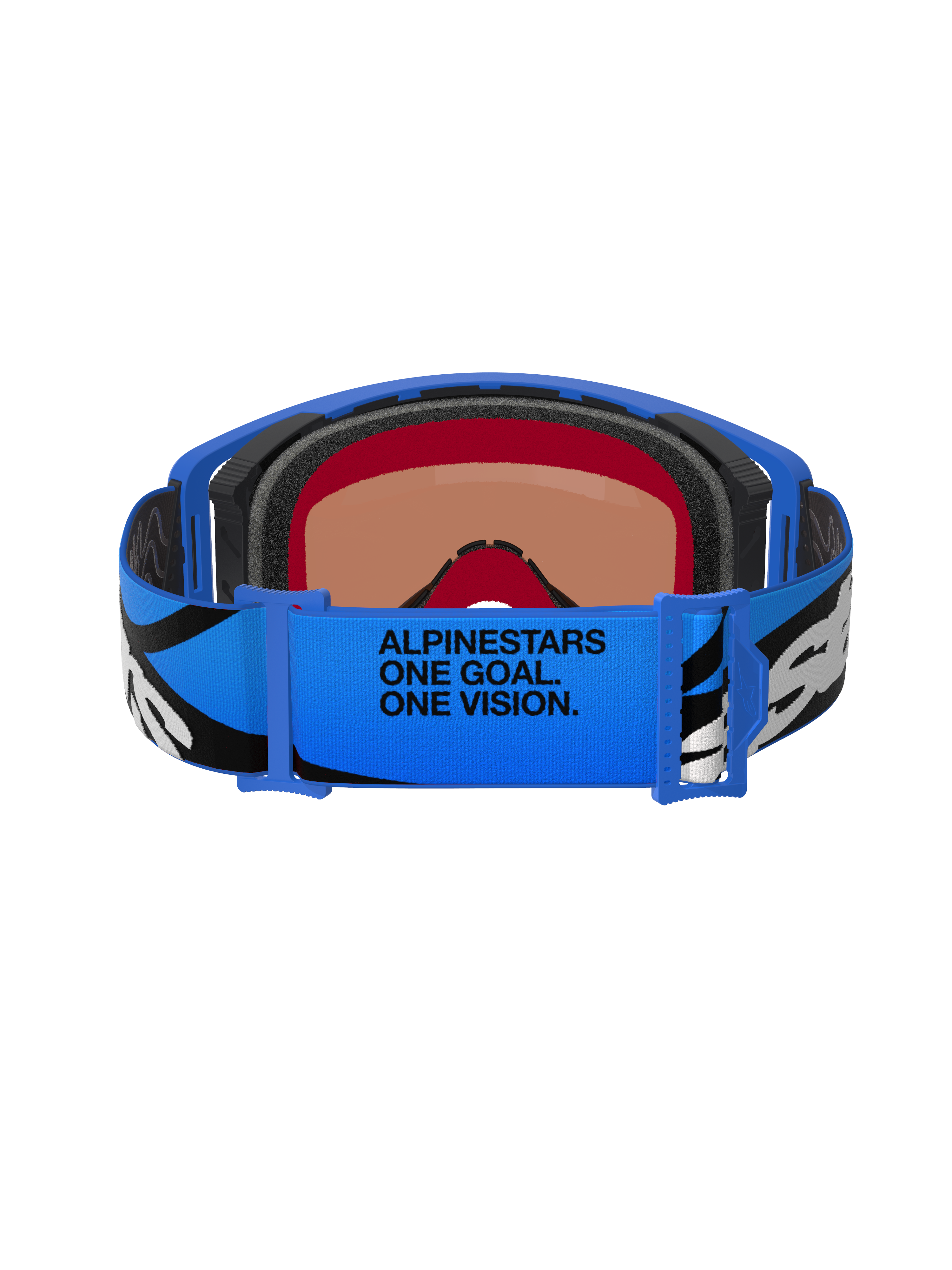 Alpinestars Supertech Stream Goggles, Motocross-Brille, Blau Mirror Blau, Rückansicht mit blauem verstellbarem Band, schwarz-weißen Grafiken und „ALPINESTARS ONE GOAL. ONE VISION.“ Text, mehrlagiger Gesichtsschaum für Komfort und Abdichtung