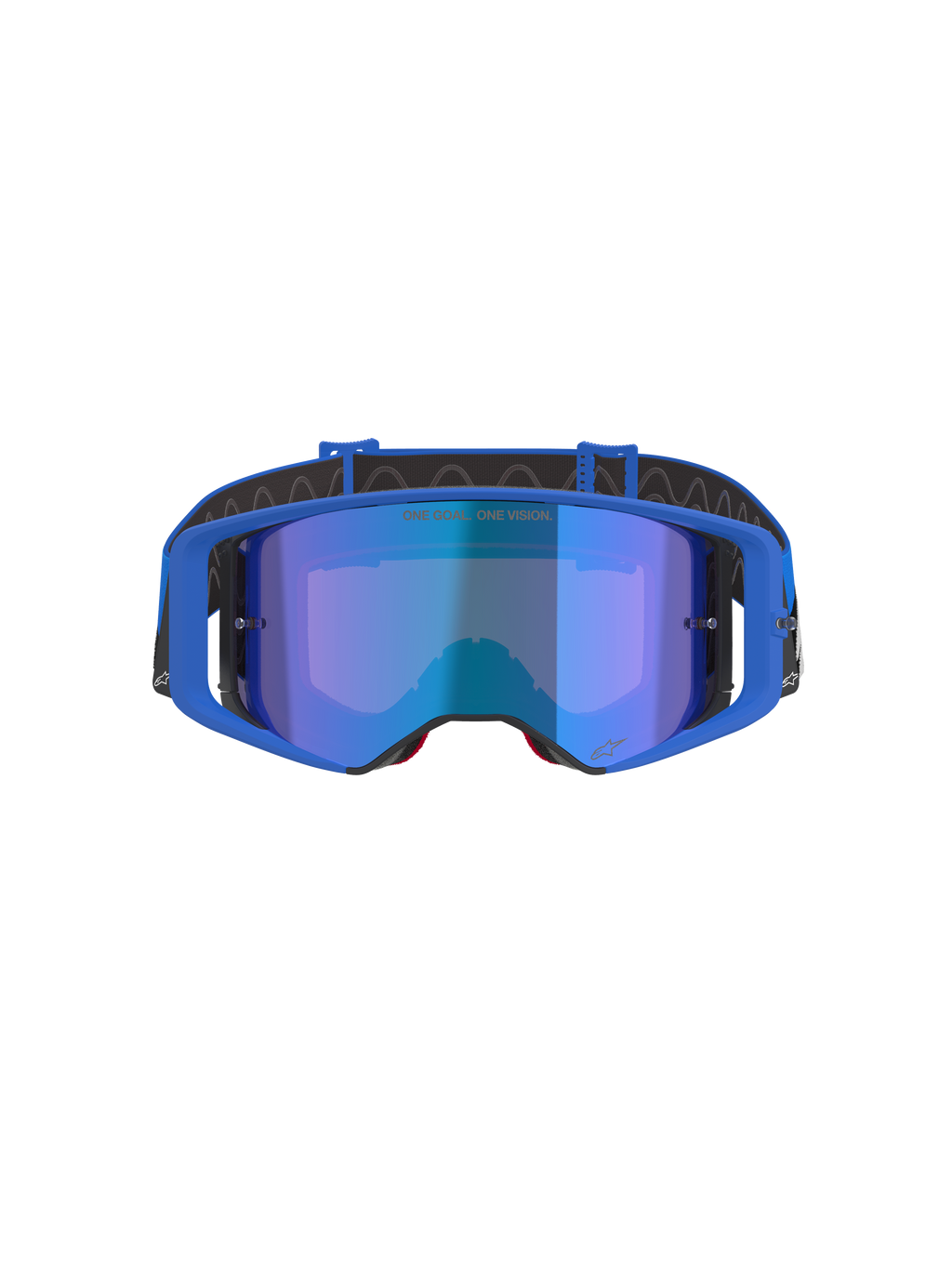 Alpinestars Supertech Stream Brille, Motocross-Brille, blau verspiegelte Scheibe mit blauem Rahmen, Vorderansicht, schwarzes Halteband mit weißem Logo, mit dem Schriftzug 'ONE GOAL... ONE VISION.' auf der Scheibe, Hochleistungs-Offroad-Rennbrille