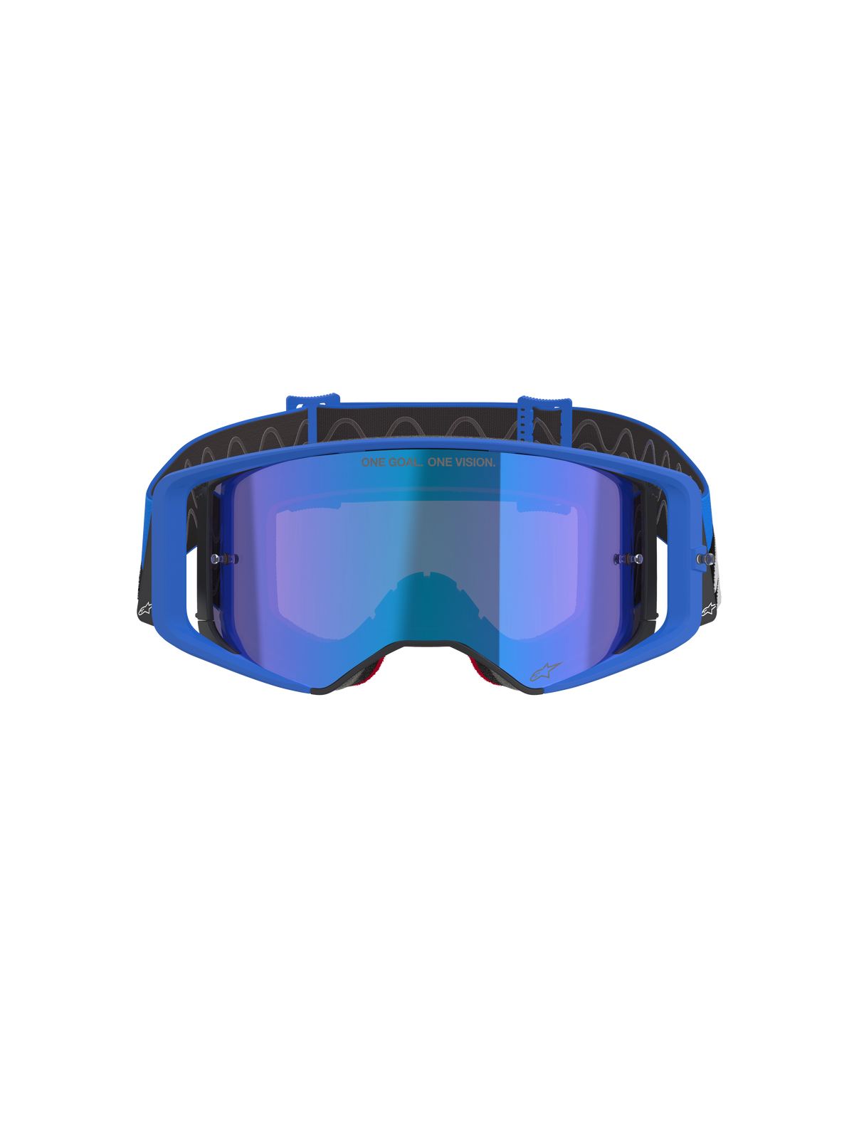 Alpinestars Supertech Stream Brille, Motocross-Brille, blau verspiegelte Scheibe mit blauem Rahmen, Vorderansicht, schwarzes Halteband mit weißem Logo, mit dem Schriftzug 'ONE GOAL... ONE VISION.' auf der Scheibe, Hochleistungs-Offroad-Rennbrille
