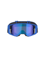 Alpinestars Supertech Stream Brille, Motocross-Brille, blau verspiegelte Scheibe mit blauem Rahmen, Vorderansicht, schwarzes Halteband mit weißem Logo, mit dem Schriftzug 'ONE GOAL... ONE VISION.' auf der Scheibe, Hochleistungs-Offroad-Rennbrille