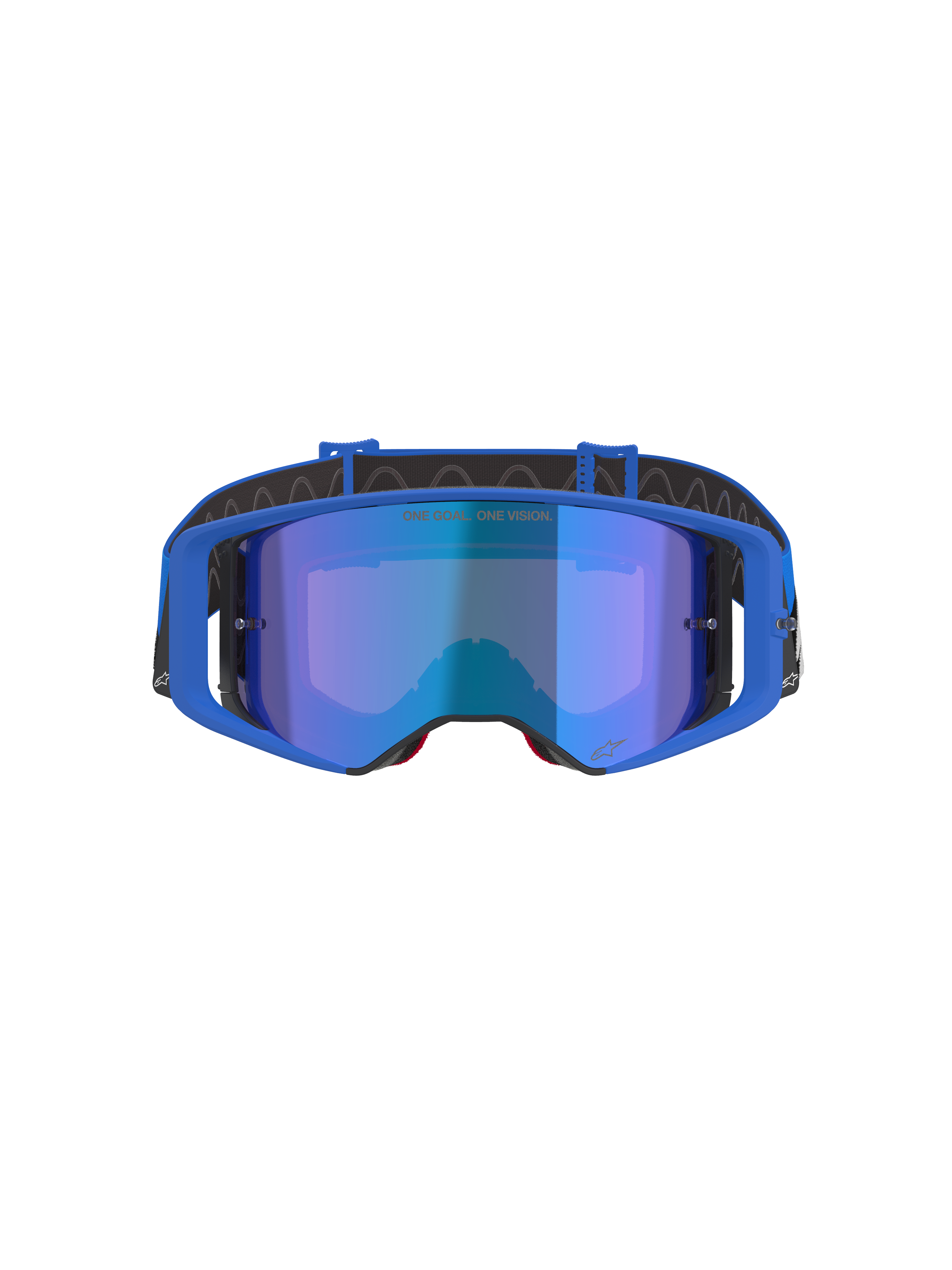 Alpinestars Supertech Stream Brille, Motocross-Brille, blau verspiegelte Scheibe mit blauem Rahmen, Vorderansicht, schwarzes Halteband mit weißem Logo, mit dem Schriftzug 'ONE GOAL... ONE VISION.' auf der Scheibe, Hochleistungs-Offroad-Rennbrille