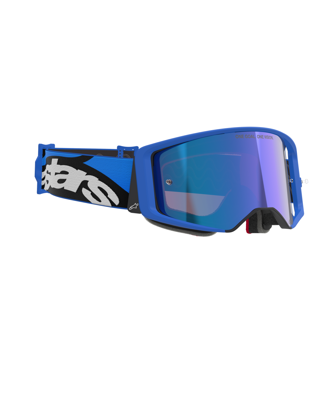 Alpinestars Supertech Stream Goggles, Blue Mirror Blue, Motocross-Brille mit blauem Rahmen und blau verspiegelter Linse, blau-schwarzes verstellbares Band mit markantem weißem Alpinestars-Logo, professionelle Offroad-Rennbrille.