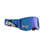 Alpinestars Supertech Stream Goggles, Blue Mirror Blue, Motocross-Brille mit blauem Rahmen und blau verspiegelter Linse, blau-schwarzes verstellbares Band mit markantem weißem Alpinestars-Logo, professionelle Offroad-Rennbrille.