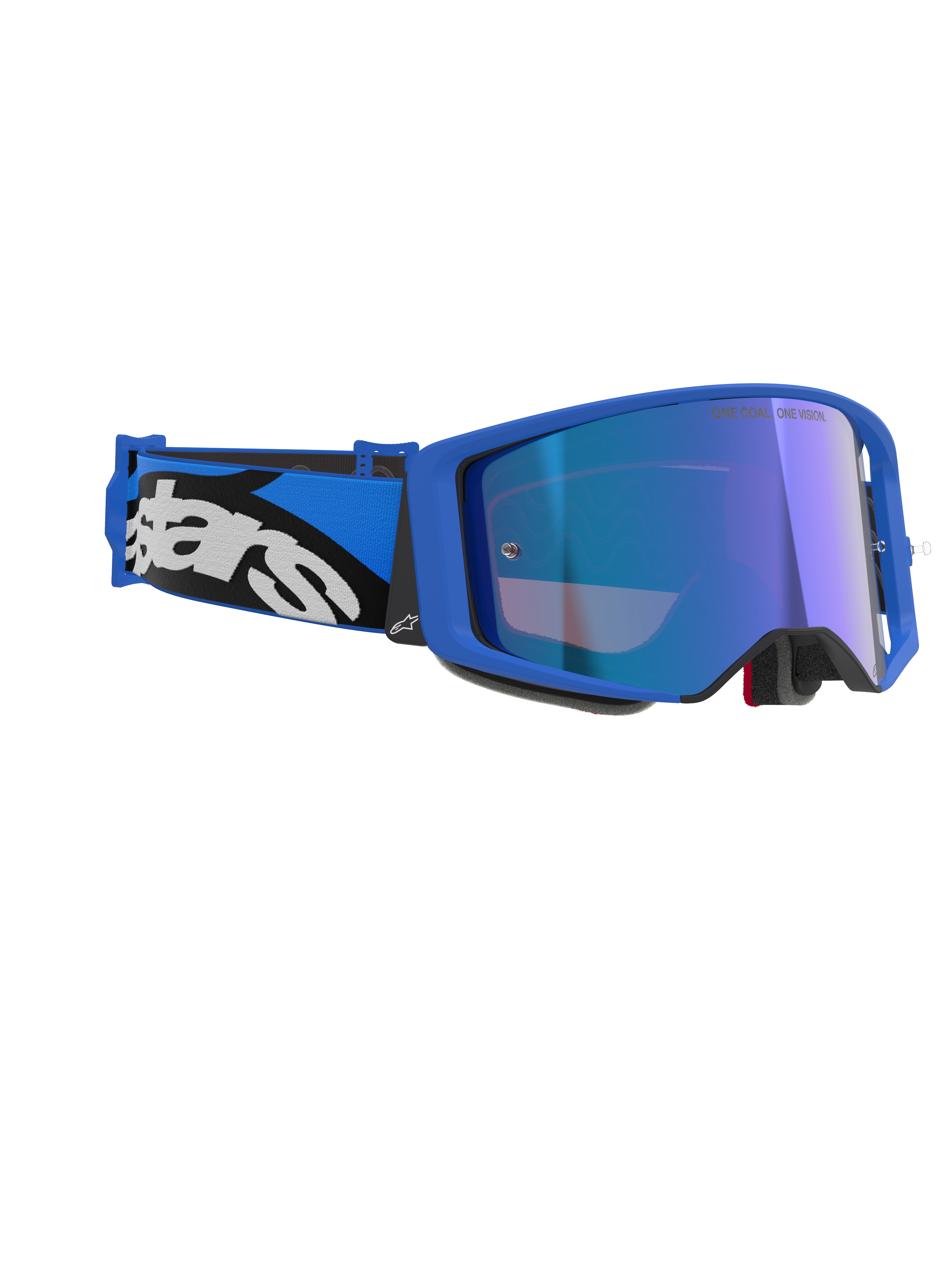 Alpinestars Supertech Stream Goggles, Blue Mirror Blue, Motocross-Brille mit blauem Rahmen und blau verspiegelter Linse, blau-schwarzes verstellbares Band mit markantem weißem Alpinestars-Logo, professionelle Offroad-Rennbrille.