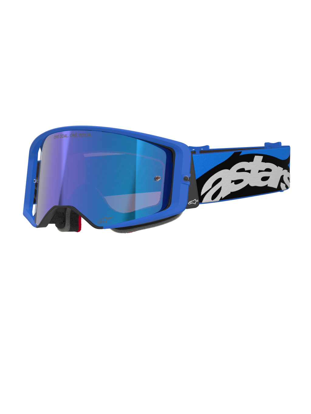 Alpinestars Supertech Stream Goggles, Motocross- und Offroad-Brille, hellblauer Rahmen mit blau verspiegelter Linse, breites blau-schwarzes Band mit weißem Astars-Logo, graue Schaumstoffpolsterung, professionelle Rennausrüstung