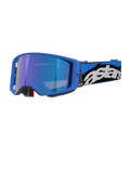 Alpinestars Supertech Stream Goggles, Motocross- und Offroad-Brille, hellblauer Rahmen mit blau verspiegelter Linse, breites blau-schwarzes Band mit weißem Astars-Logo, graue Schaumstoffpolsterung, professionelle Rennausrüstung