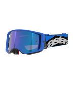 Alpinestars Supertech Stream Goggles, Motocross- und Offroad-Brille, hellblauer Rahmen mit blau verspiegelter Linse, breites blau-schwarzes Band mit weißem Astars-Logo, graue Schaumstoffpolsterung, professionelle Rennausrüstung