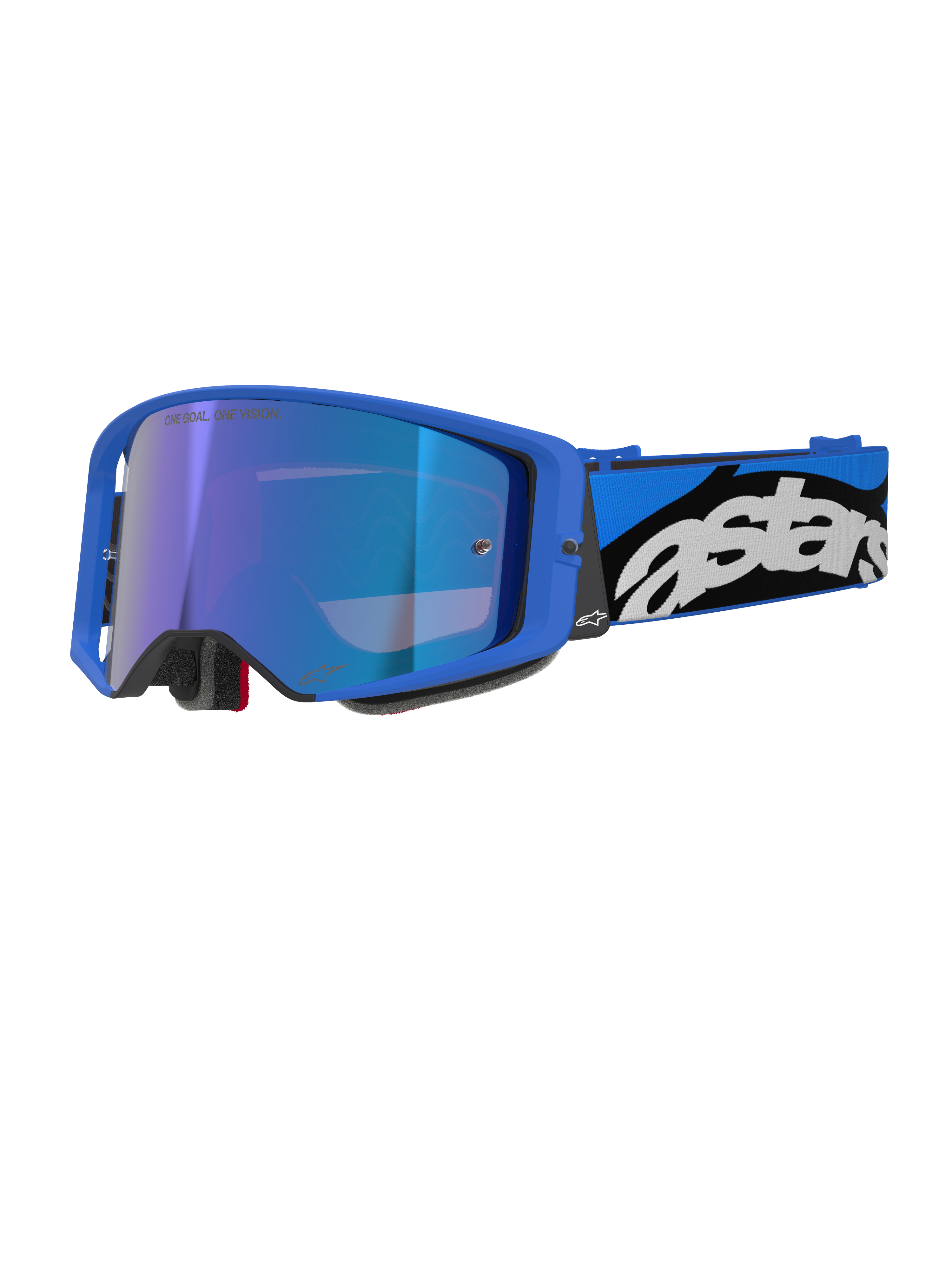 Alpinestars Supertech Stream Goggles, Motocross- und Offroad-Brille, hellblauer Rahmen mit blau verspiegelter Linse, breites blau-schwarzes Band mit weißem Astars-Logo, graue Schaumstoffpolsterung, professionelle Rennausrüstung