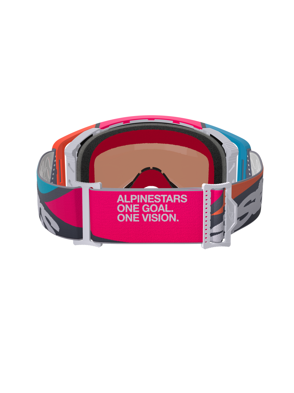 Alpinestars Supertech Stream Schutzbrille, Rückansicht mit breitem pinkfarbenem und grauem Band, 'ALPINESTARS ONE GOAL. ONE VISION.' Schriftzug, mehrfarbiger Rahmen in Orange und Blau, 3D-geformter Gesichtsschaum, professionelle Motocross- und Offroad-Schutzbrille