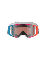 Alpinestars Supertech Stream Goggles, Motocross Goggles, vibrant multi-colored frame with blue, orange, and pink accents, Silver Mirror lens with 'ONE GOAL. ONE VISION.' text, white patterned strap, high-performance eye protection for off-road racing
