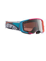 Alpinestars Supertech Stream Goggles, Motocross Goggles, Gray frame with Blue and Pink accents, Silver Multi Mirror Lens, Teal and Gray strap with bold white branding, high-performance off-road racing eyewear