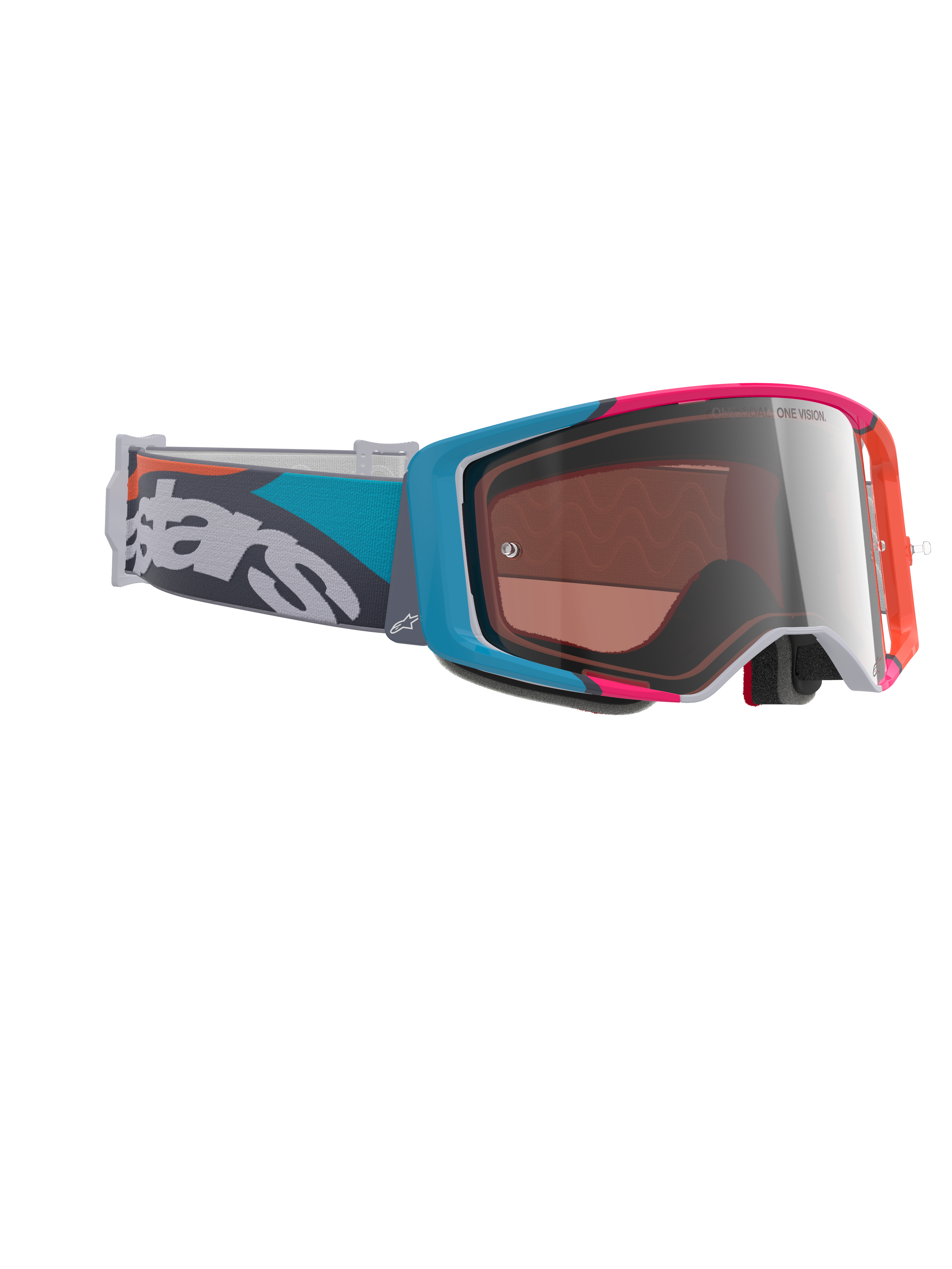 Alpinestars Supertech Stream Schutzbrille, Motocross-Brille, grauer Rahmen mit blauen und pinken Akzenten, silbernes Multi-Mirror-Glas, blaugrüner und grauer Riemen mit auffälligem weißem Branding, Hochleistungs-Offroad-Rennbrille