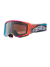 Alpinestars Supertech Stream Goggles, Gray frame with vibrant red and blue accents, Multi Mirror Silver lens, thick foam padding, adjustable strap with bold white 'astars' branding and colorful geometric patterns, professional motocross eye protection.