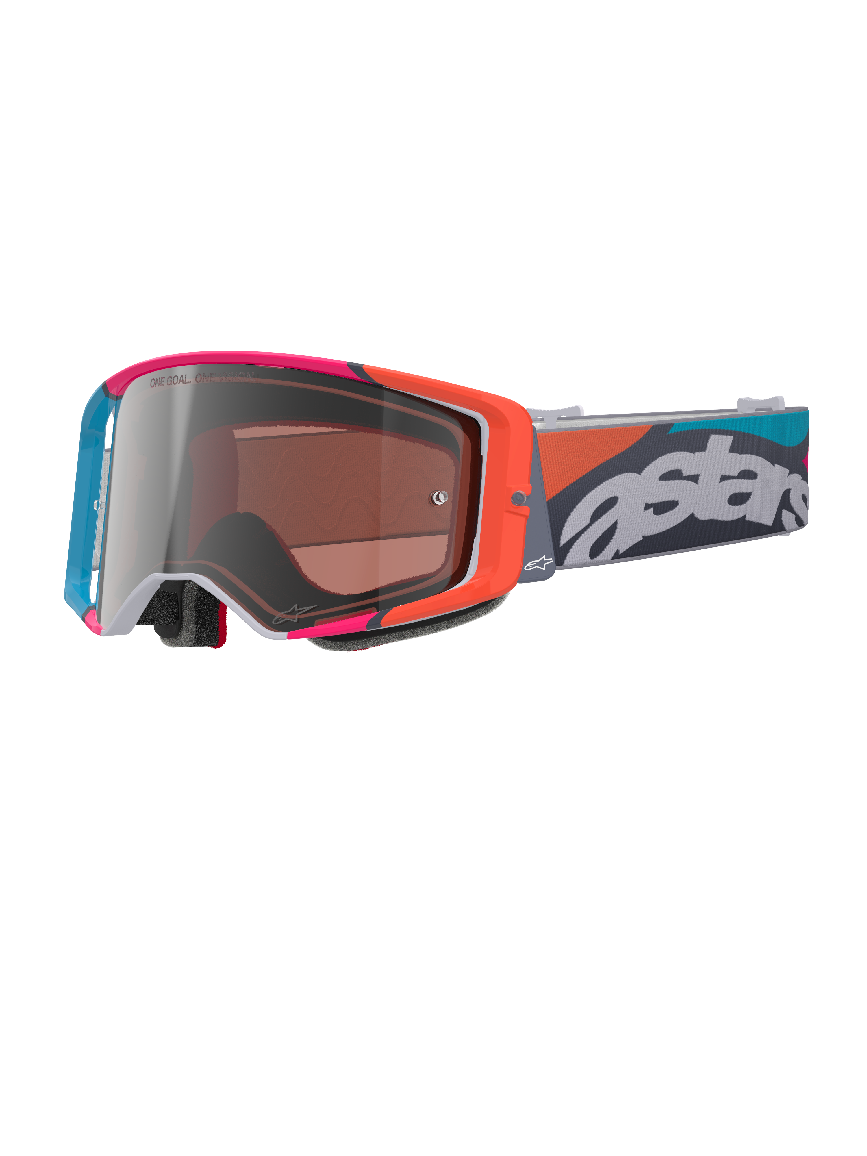 Alpinestars Supertech Stream Schutzbrille, grauer Rahmen mit leuchtend roten und blauen Akzenten, Multi Mirror Silver Glas, dicke Schaumstoffpolsterung, verstellbares Band mit markantem weißem 'astars' Branding und bunten geometrischen Mustern, professioneller Motocross-Augenschutz