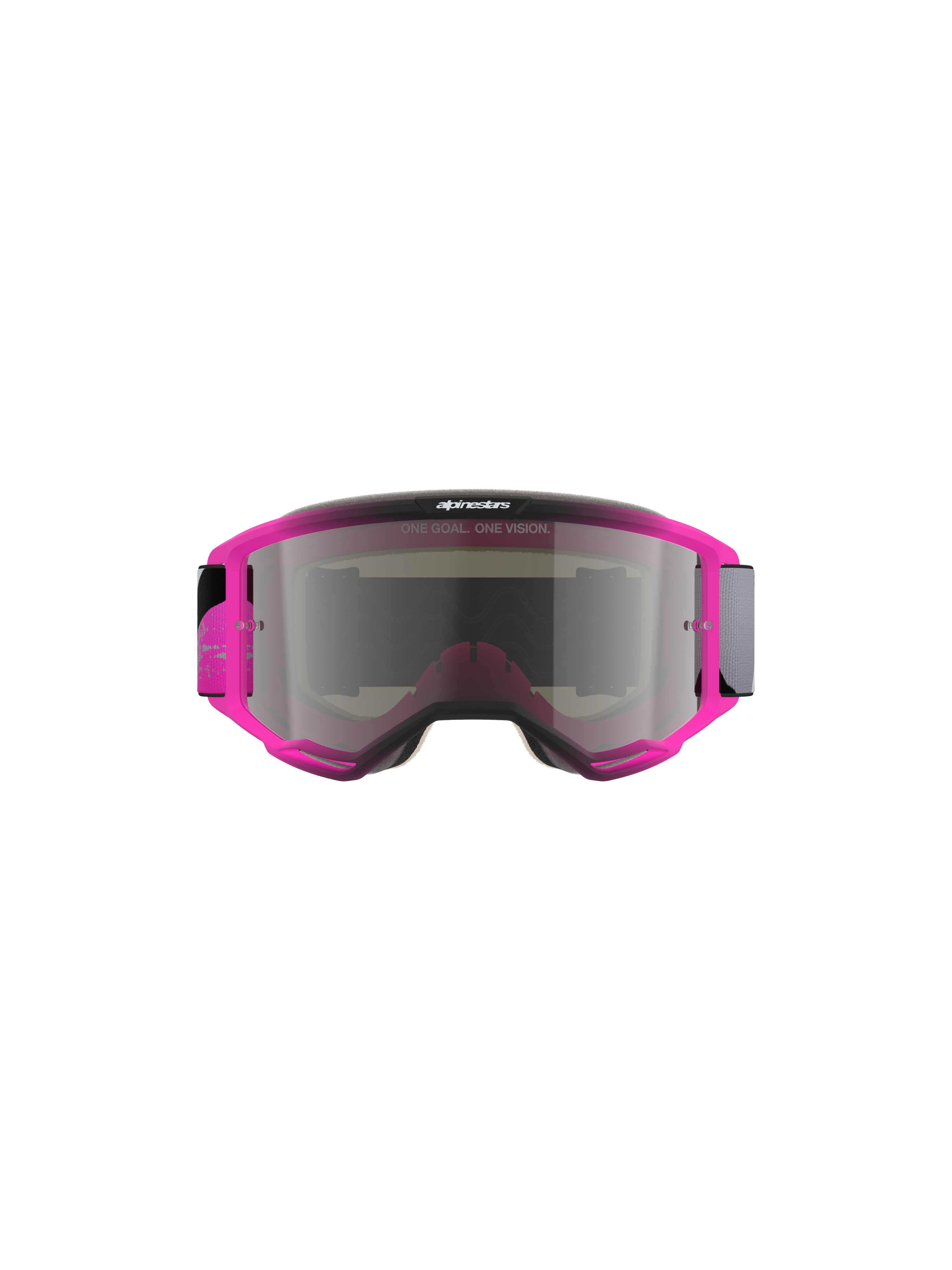 Alpinestars Vision 5 Lahnd Goggles, Motocross Goggles, Iron Pink Fluo with Mirror Silver Lens, bright pink frame with silver tinted mirror lens, features 'ONE GOAL. ONE VISION.' text, sleek aerodynamic design for off-road racing
