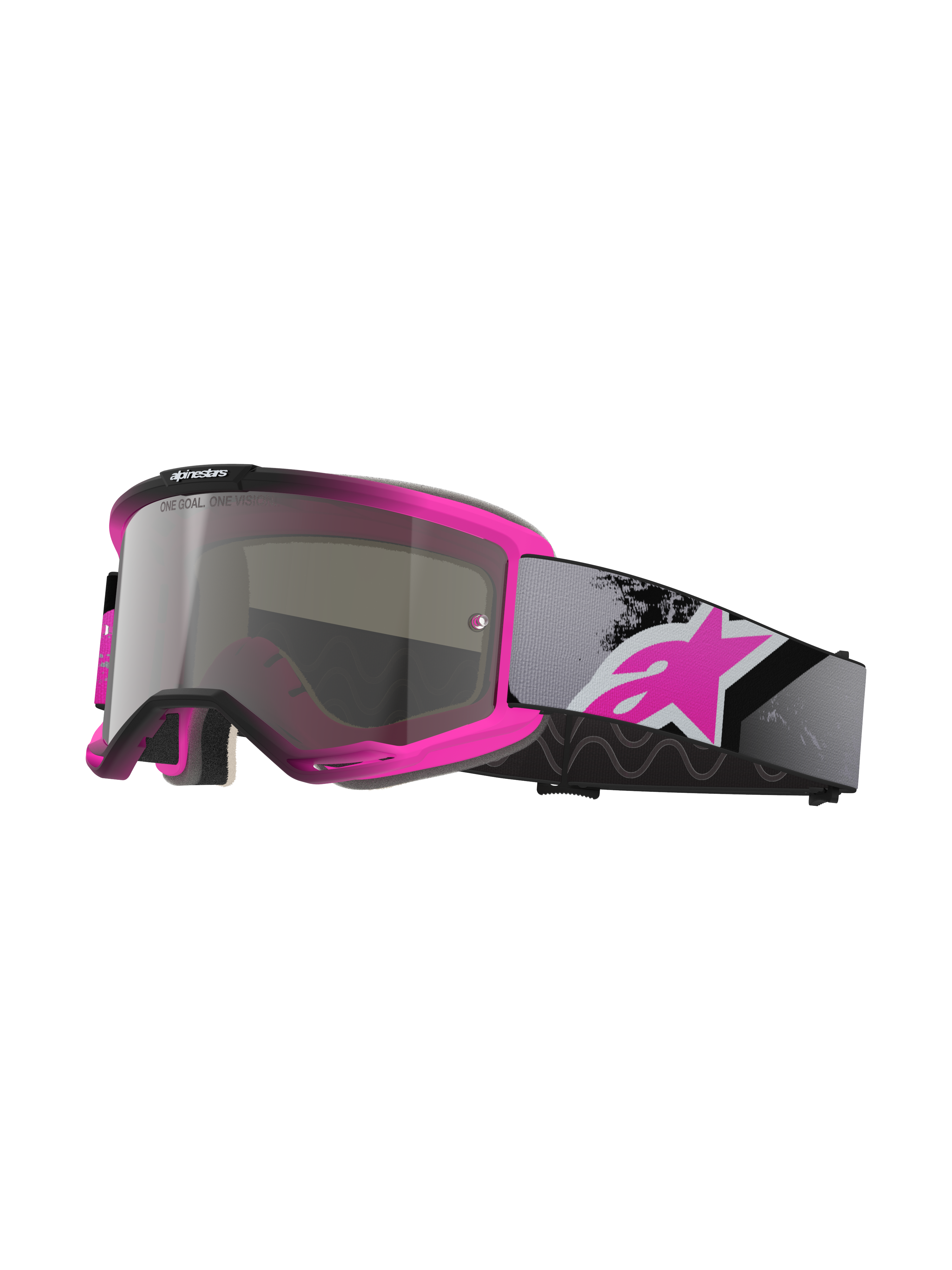 Alpinestars Vision 5 Lahnd Goggles, Motocross Goggles, Iron Pink Fluo and Black, Mirror Silver tinted lens with 'One Goal One Vision' text, adjustable grey strap with large pink logo, ventilated urethane frame for off-road performance