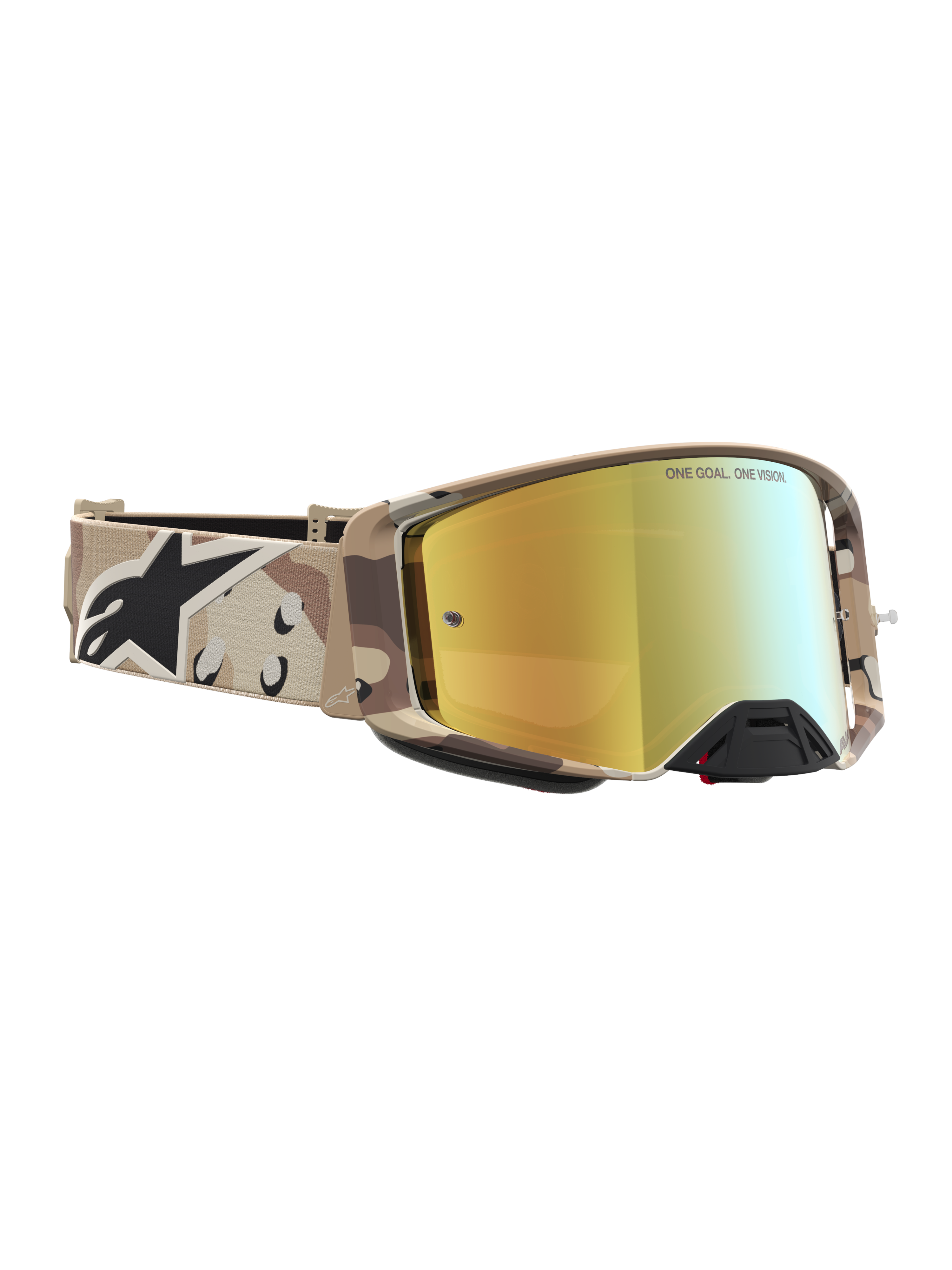 Alpinestars Supertech Lone Motocross-Schutzbrille, Sand-Camo-Wüstenmuster, Mirror-Gold-Linse, Offroad-Rennsport.