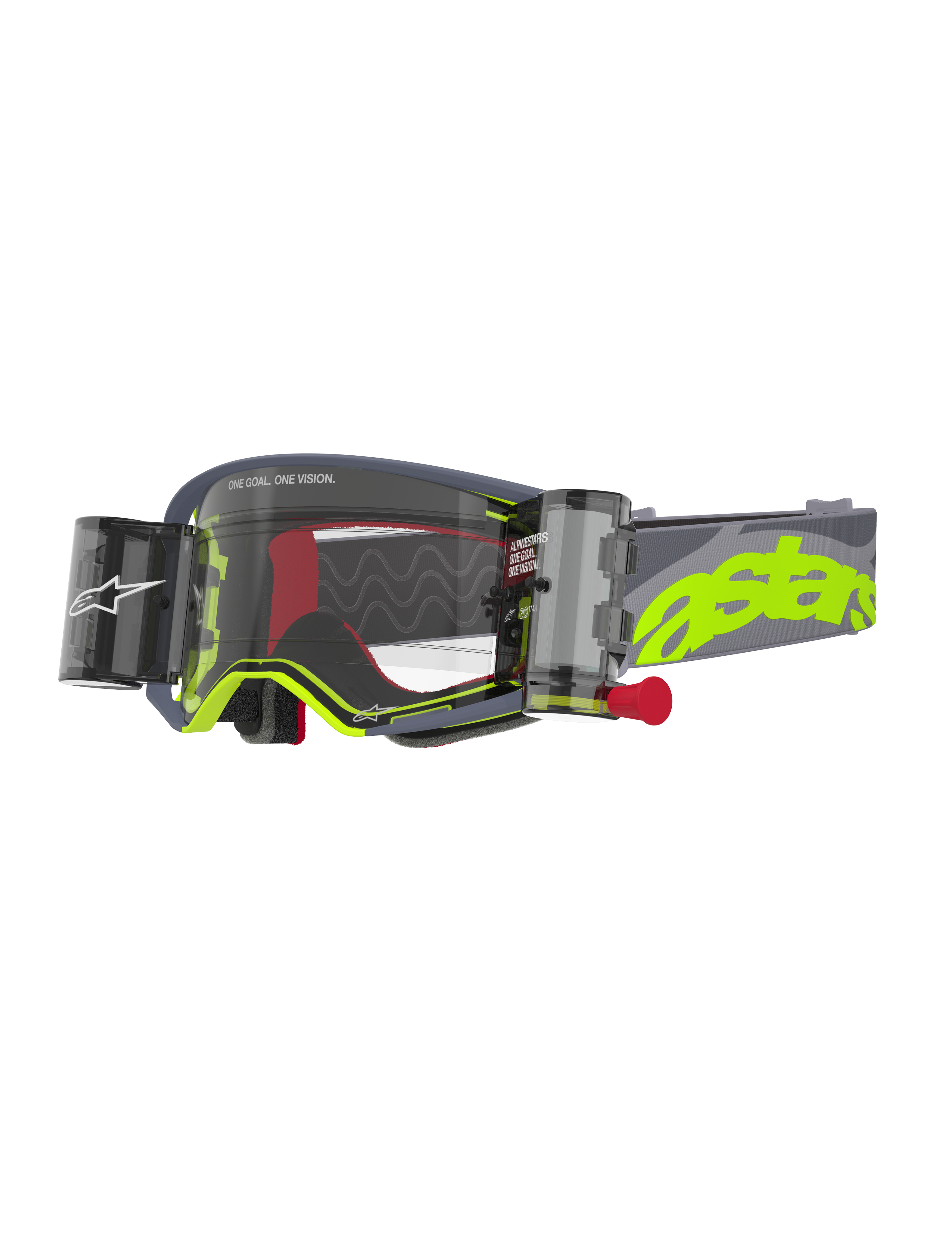 Alpinestars Supertech Stream Goggles, Motocross-Brille, Grau und Neongelb, mit klarem Glas und integriertem Wide Vision Roll-Off-System, Behältern auf beiden Seiten mit rotem Zugknopf, wellenförmigen Silikon-Gleitlinien, verstellbarem grauen Band mit großem neongelbem Astars-Logo, Hochleistungs-Augenschutz für den Offroad-Rennsport