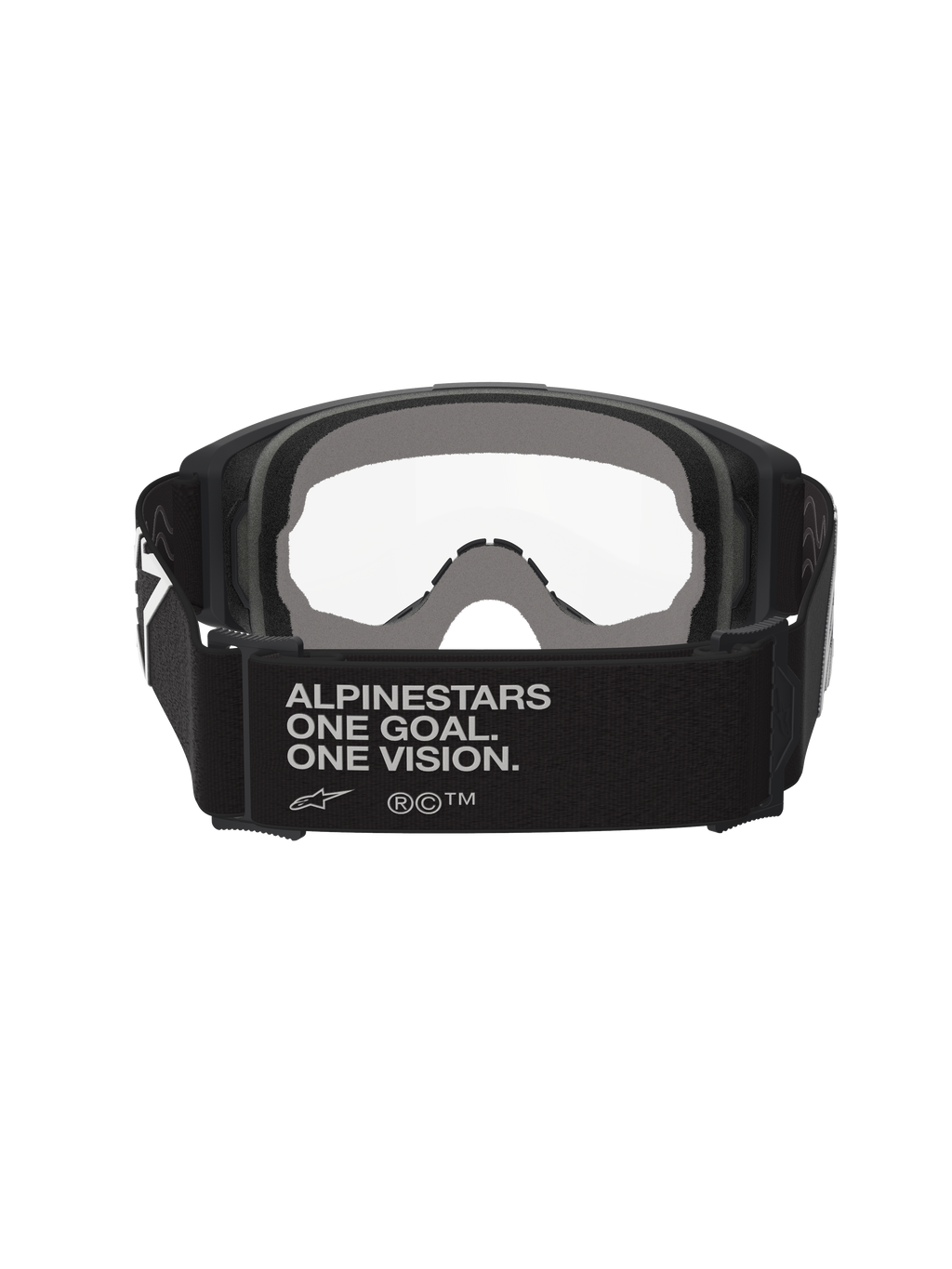 Alpinestars Vision Goggles OTG, Motocross-Brille, Schwarz und Grau, Rückansicht mit breitem schwarzem gewebtem Brillenband und Markenslogan, mehrschichtiger grauer Gesichtsschaum, klare Sichtscheibe, konzipiert für das Tragen über einer Korrekturbrille