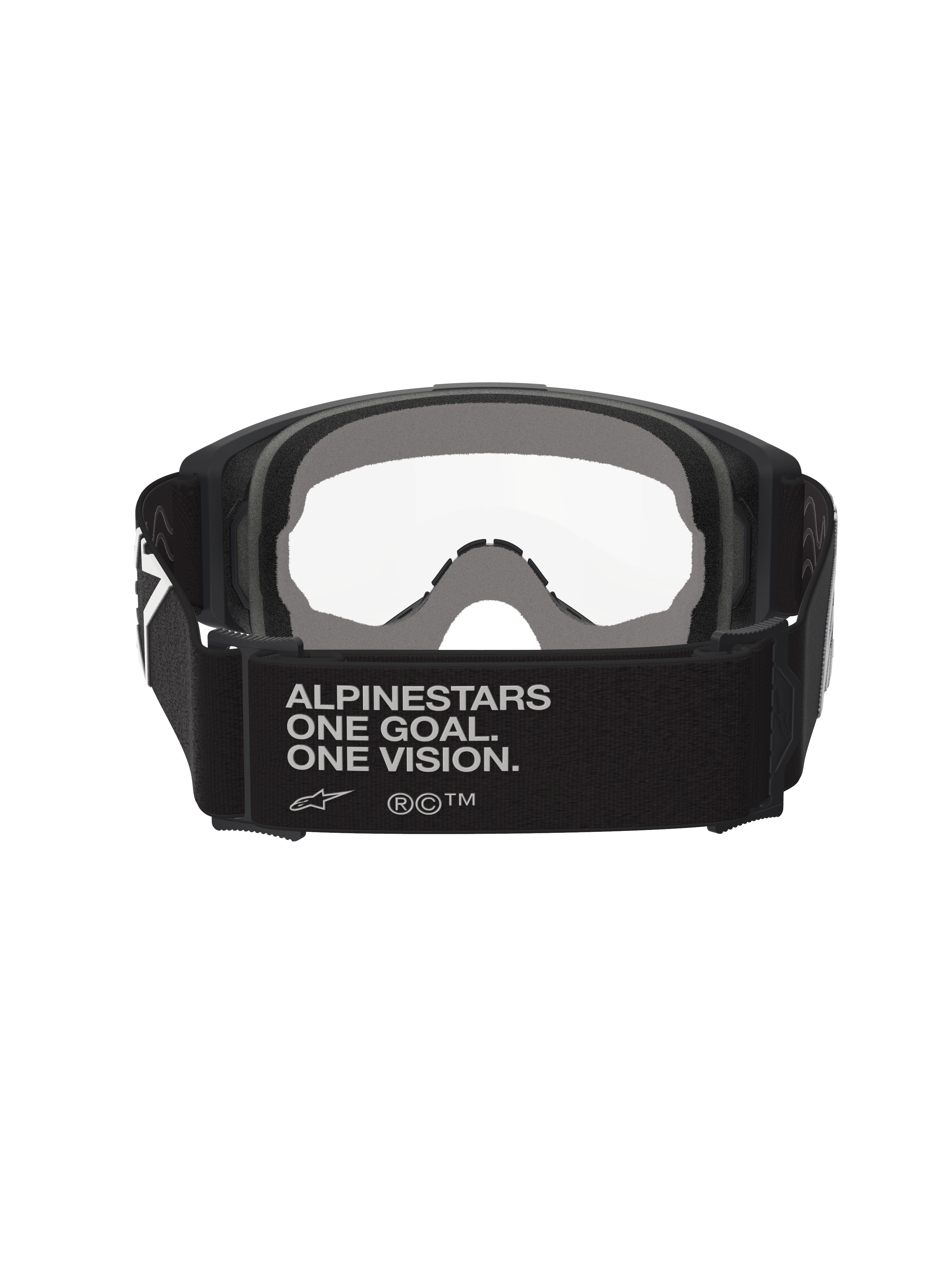 Alpinestars Vision Goggles OTG, Motocross-Brille, Schwarz und Grau, Rückansicht mit breitem schwarzem gewebtem Brillenband und Markenslogan, mehrschichtiger grauer Gesichtsschaum, klare Sichtscheibe, konzipiert für das Tragen über einer Korrekturbrille