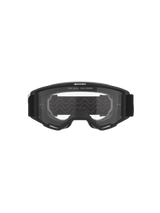 Alpinestars Vision OTG Brille, Motocross-Brille, schwarzer Rahmen mit klarer Sichtscheibe, Vorderansicht mit „ONE GOAL. ONE VISION.“ Schriftzug und Markenlogo, Deep-Volume-Struktur für Kompatibilität mit Korrekturbrillen