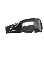 Alpinestars Vision Brille OTG, Motocross-Brille, Schwarz und Grau mit klarer Sichtscheibe, schwarzer Rahmen mit breitem Brillenband und weißem Alpinestars-Logo, graues Silikon-Traktionsmuster, Deep-Volume-Rahmen für Brillenträger, Anti-Beschlag-Linse mit Branding-Details.