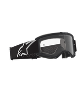 Alpinestars Vision Brille OTG, Motocross-Brille, Schwarz und Grau mit klarer Sichtscheibe, schwarzer Rahmen mit breitem Brillenband und weißem Alpinestars-Logo, graues Silikon-Traktionsmuster, Deep-Volume-Rahmen für Brillenträger, Anti-Beschlag-Linse mit Branding-Details.