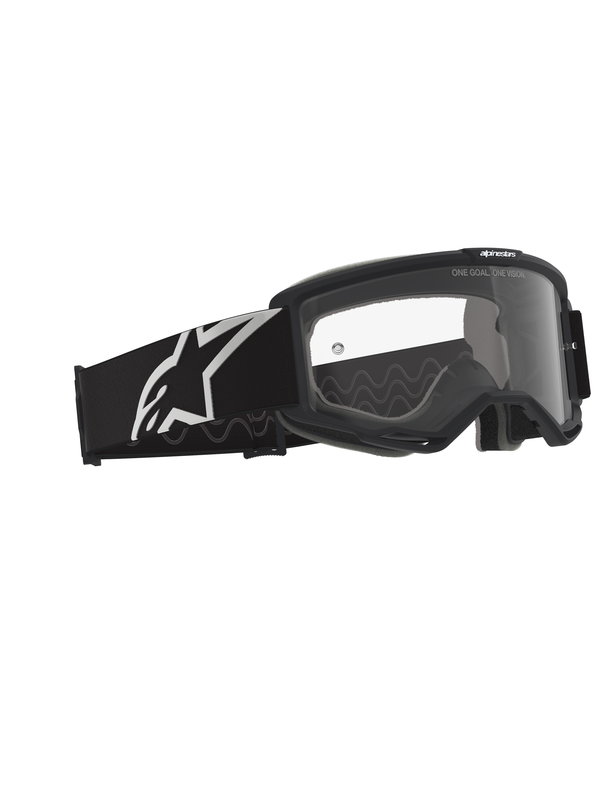 Alpinestars Vision Brille OTG, Motocross-Brille, Schwarz und Grau mit klarer Sichtscheibe, schwarzer Rahmen mit breitem Brillenband und weißem Alpinestars-Logo, graues Silikon-Traktionsmuster, Deep-Volume-Rahmen für Brillenträger, Anti-Beschlag-Linse mit Branding-Details.