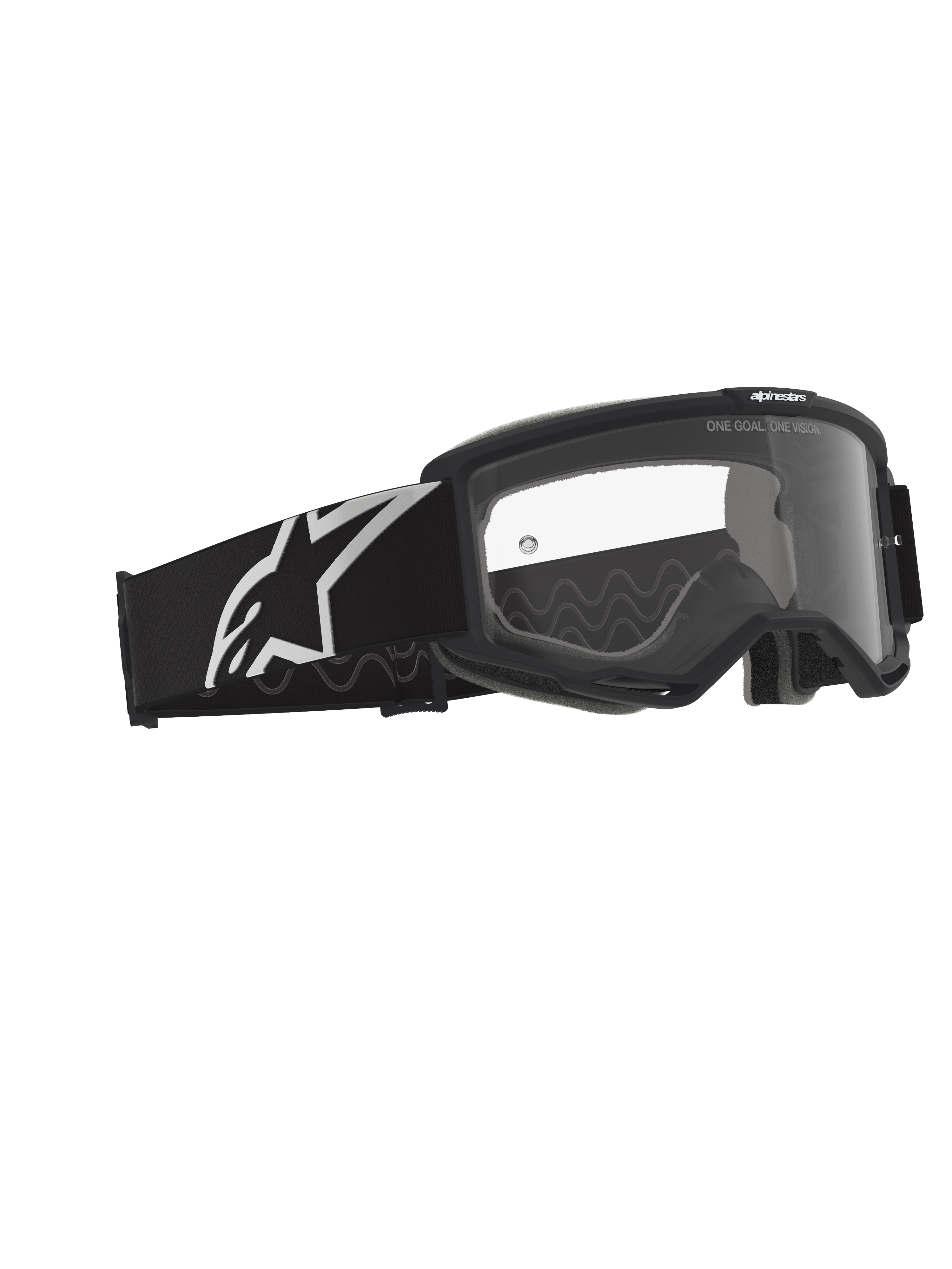Alpinestars Vision Brille OTG, Motocross-Brille, Schwarz und Grau mit klarer Sichtscheibe, schwarzer Rahmen mit breitem Brillenband und weißem Alpinestars-Logo, graues Silikon-Traktionsmuster, Deep-Volume-Rahmen für Brillenträger, Anti-Beschlag-Linse mit Branding-Details.