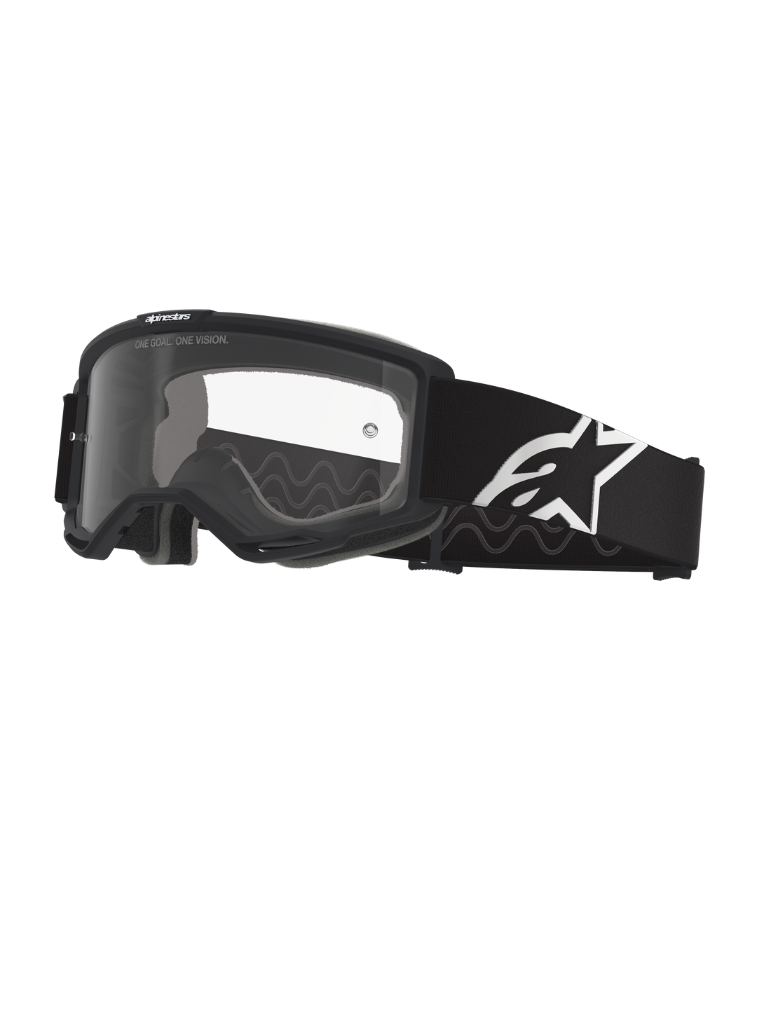 Alpinestars Vision Schutzbrille OTG, Motocross-Brille, Schwarz und Grau mit klarer Sichtscheibe, breites schwarzes gewebtes Brillenband mit weißem Alpinestars-Logo, Deep-Volume-Rahmen für Brillenträger, Schutzausrüstung für den Offroad-Einsatz