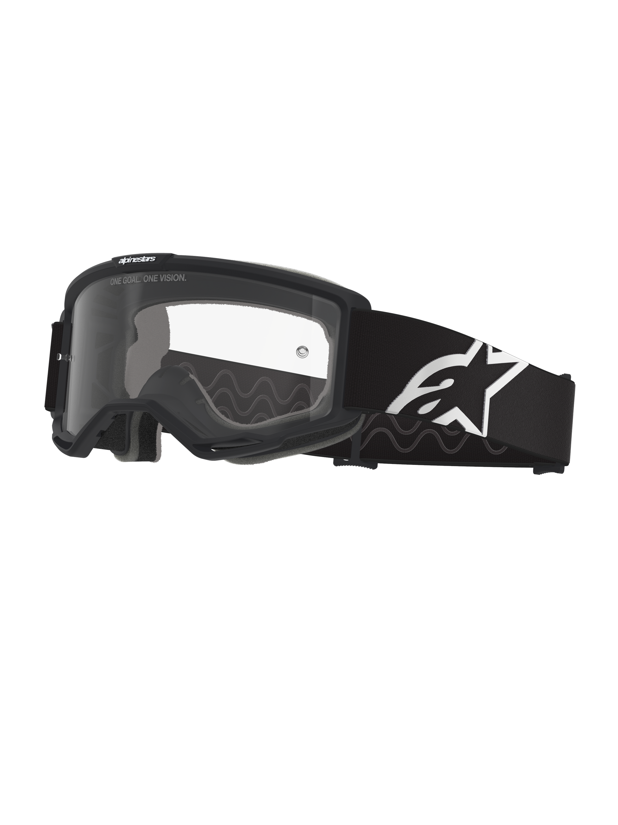 Alpinestars Vision Schutzbrille OTG, Motocross-Brille, Schwarz und Grau mit klarer Sichtscheibe, breites schwarzes gewebtes Brillenband mit weißem Alpinestars-Logo, Deep-Volume-Rahmen für Brillenträger, Schutzausrüstung für den Offroad-Einsatz