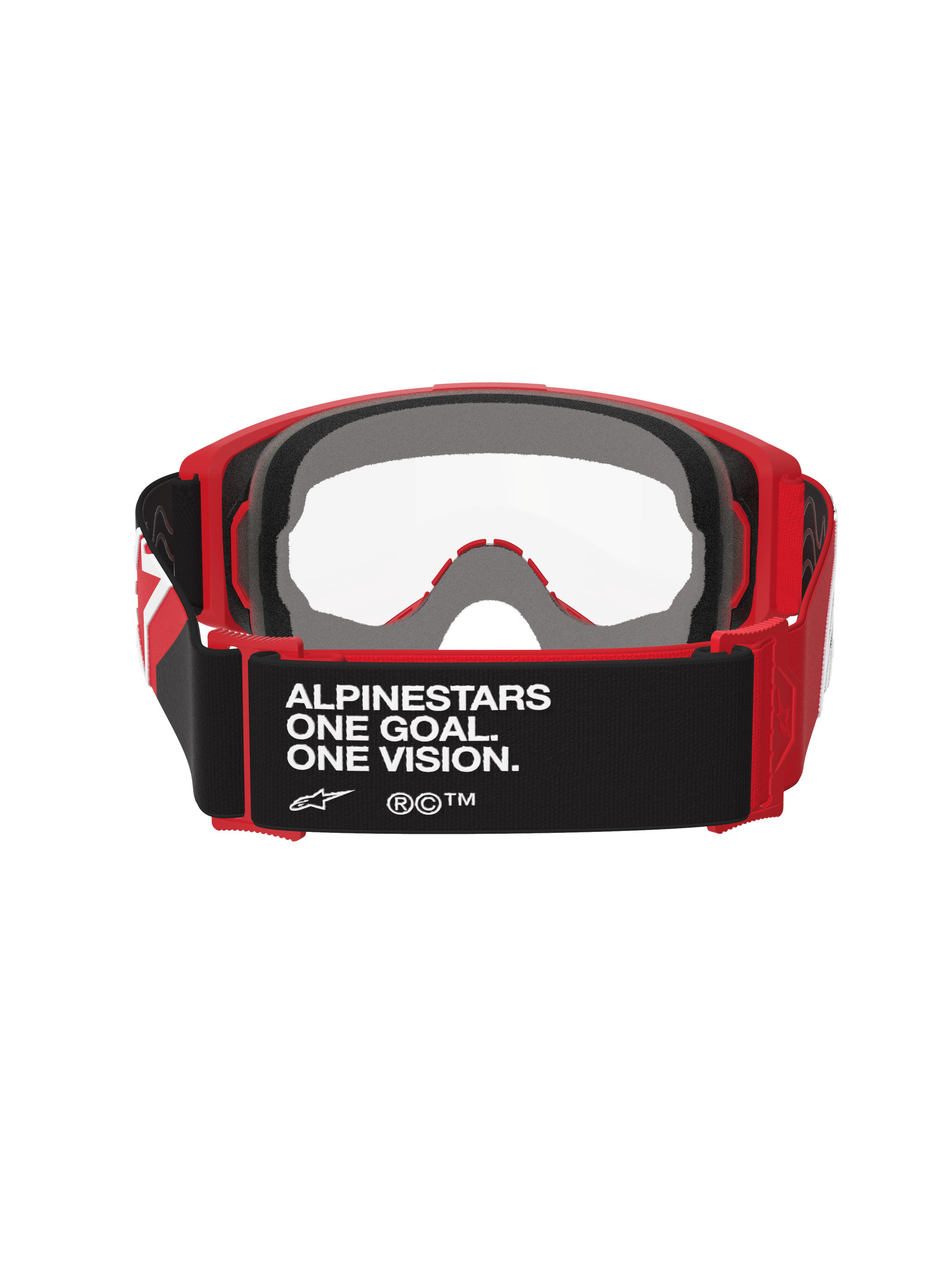 Alpinestars Vision Goggles OTG, Motocross-Brille, Rot und Schwarz mit klarer Linse, Rückansicht zeigt schwarzes Band mit „ALPINESTARS ONE GOAL. ONE VISION.“ Text, dicker mehrschichtiger Gesichtsschaum und roter flexibler Rahmen für Brillenträger