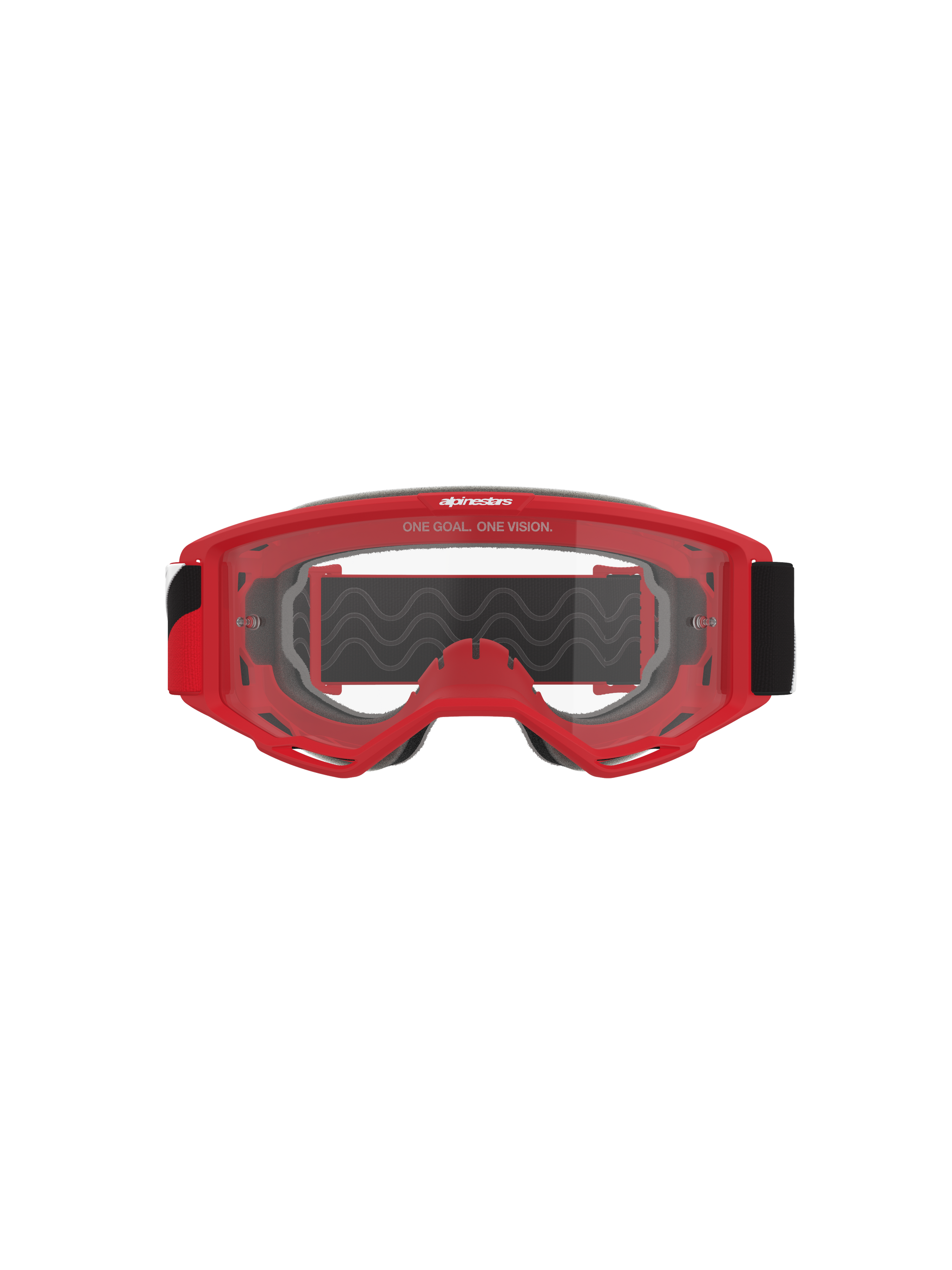 Alpinestars Vision Goggles OTG, Motocross-Brille, roter Rahmen mit klarer beschlagfreier Scheibe, Vorderansicht mit dem Slogan „ONE GOAL. ONE VISION.“, breites schwarzes Band, leistungsstarker Augenschutz für den Offroad-Rennsport