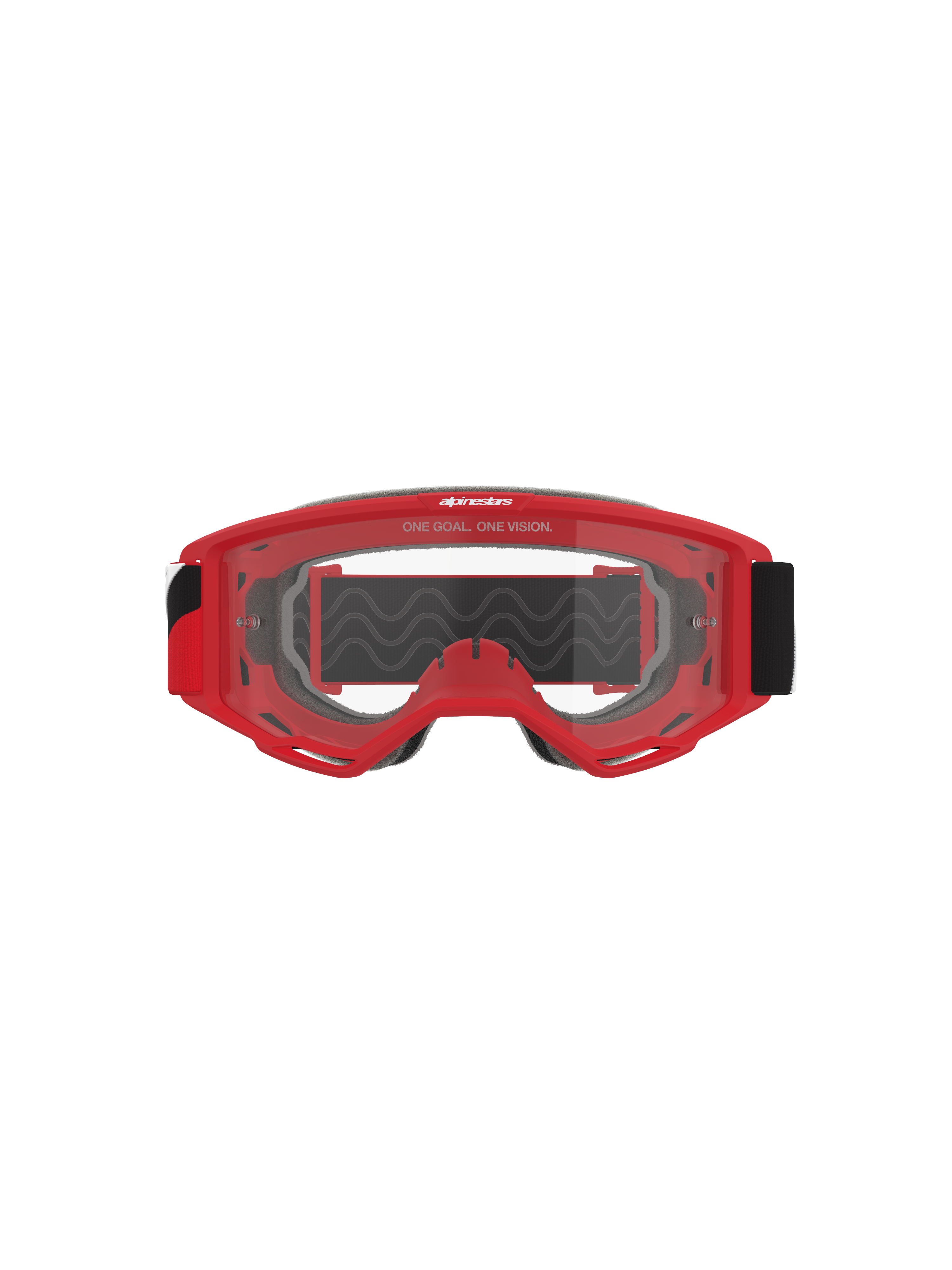 Alpinestars Vision Goggles OTG, Motocross-Brille, roter Rahmen mit klarer beschlagfreier Scheibe, Vorderansicht mit dem Slogan „ONE GOAL. ONE VISION.“, breites schwarzes Band, leistungsstarker Augenschutz für den Offroad-Rennsport