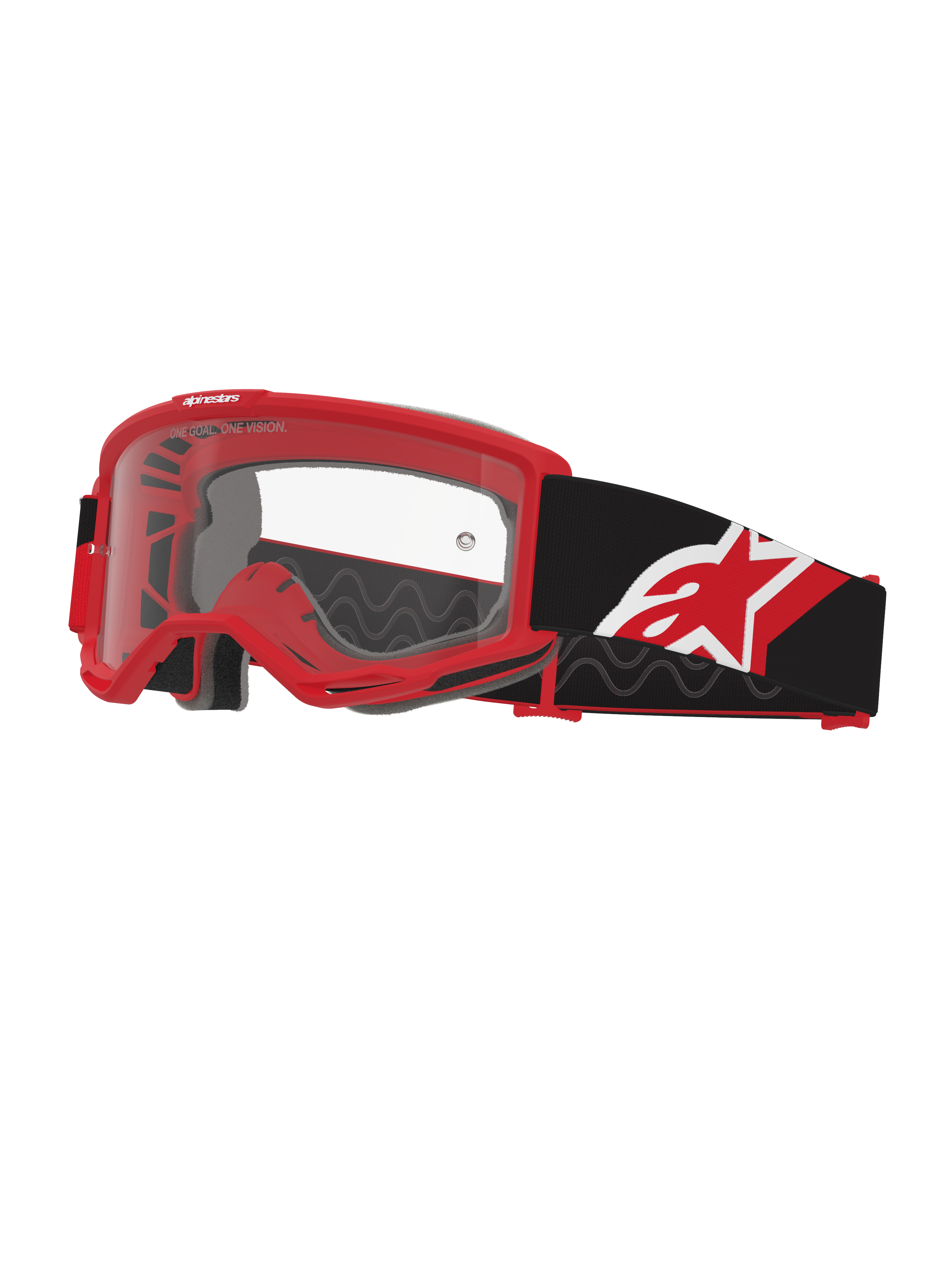 Alpinestars Vision Goggles OTG, Motocross-Brille, Rot, Schwarz und Weiß mit klarer Linse, Over-the-Glass-Design mit rotem Deep-Volume-Rahmen, breites schwarzes Band mit rot-weißem Stern-Logo, High-Airflow-Belüftung für den Offroad-Rennsport
