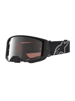 Alpinestars Supertech Vesta Schutzbrille, Motocross-Brille für Offroad-Rennen, Schwarz Matt und Silber verspiegelt, High-Definition-Optik, breites Band mit Alpinestars-Logo.